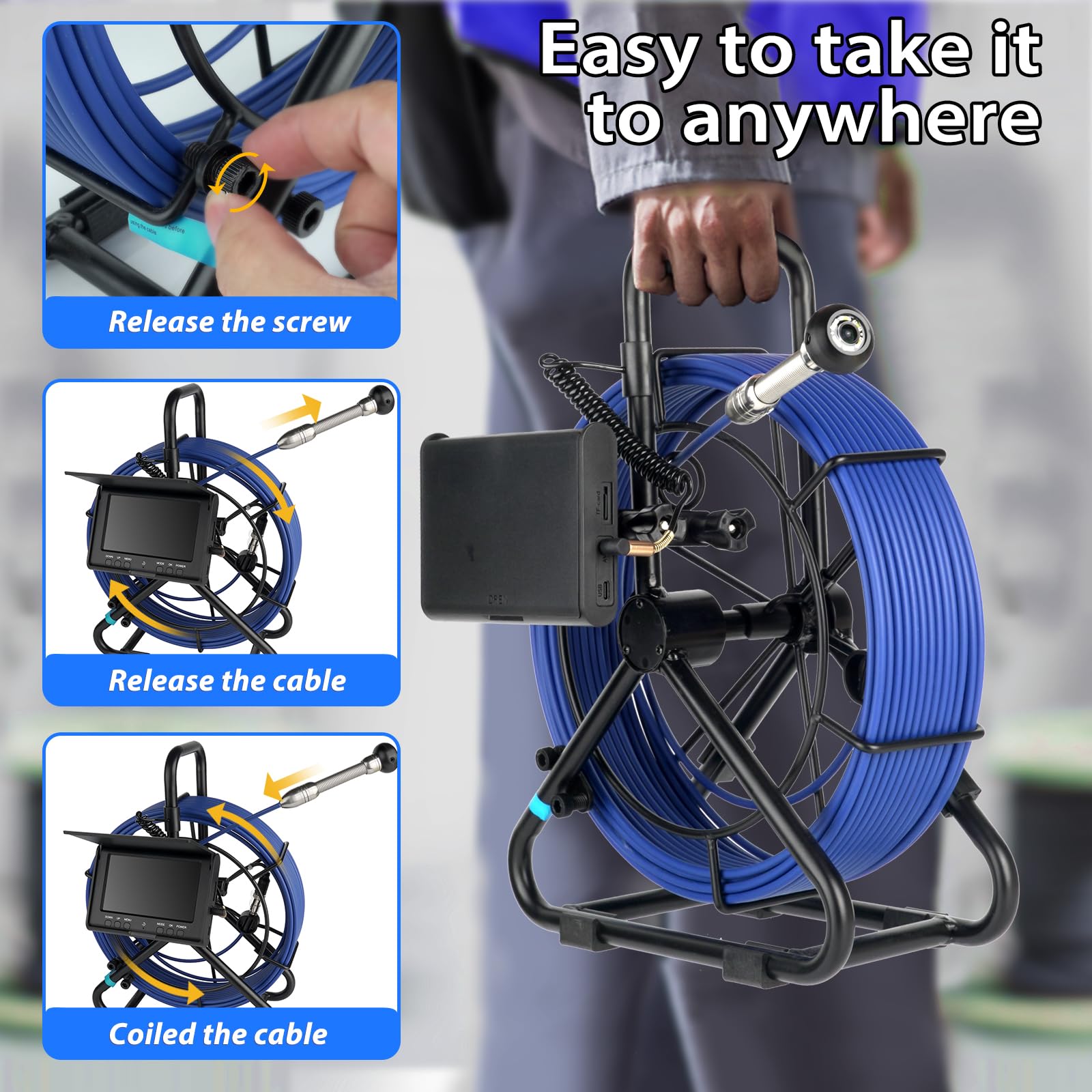 KAOLALI Cámara de Inspección de Tuberías 30M, Pantalla 4,3'', con DVR | Cámara de Tubo 1000TVL Plomería Snake Cámara con 6 LED, Batería de 5000 mAh, Tarjeta de 32 GB, IP68 Impermeable