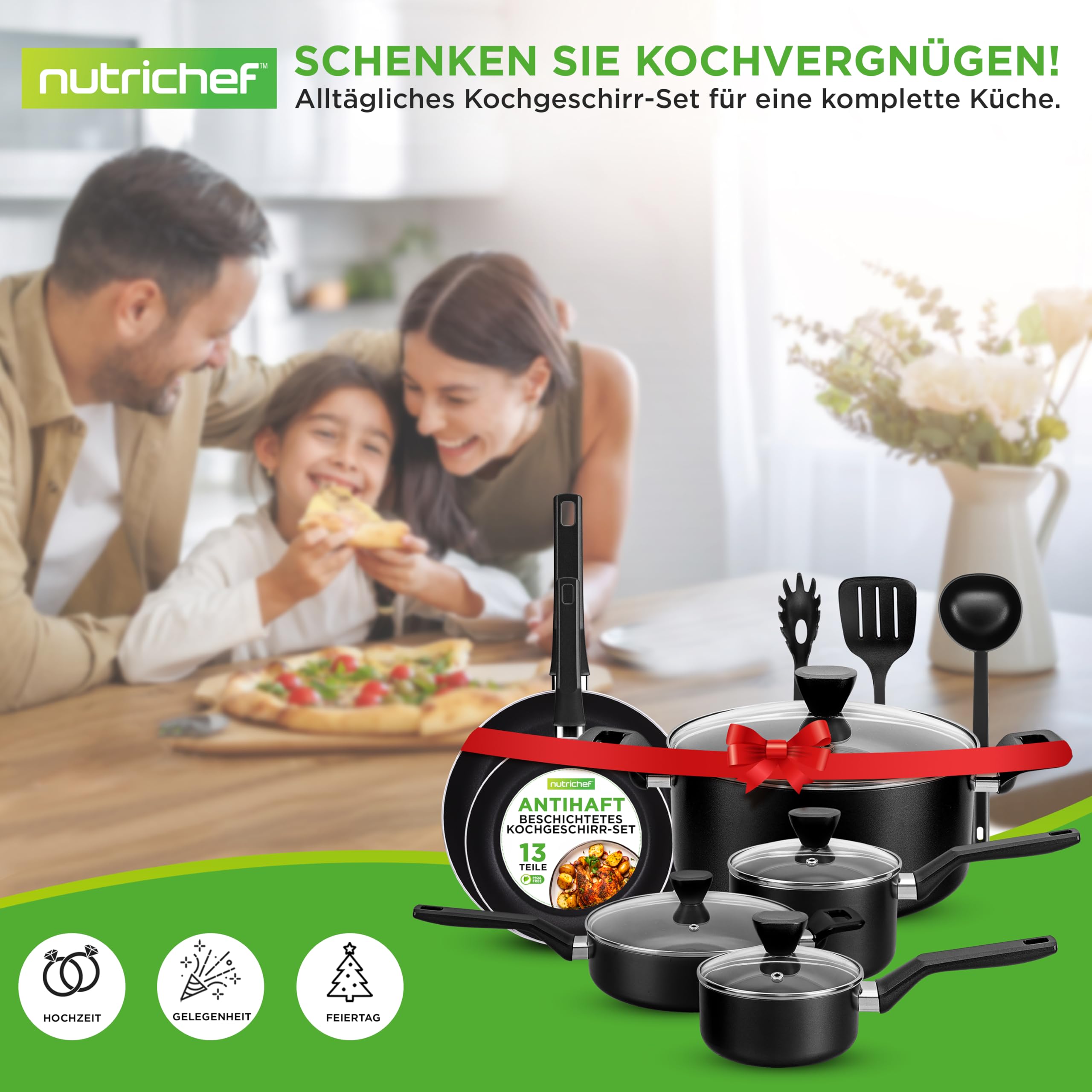 NutriChef Topf und Pfannenset, 13 Teilig- Kochgeschirr Set, Cookware Set- mit durchsichtigen Deckeln, 2x Kochtopf, Bräter, Sauteuse, 2x Bratpfanne, Pastalöffel, Suppenkelle & Pfannenwender, Schwarz