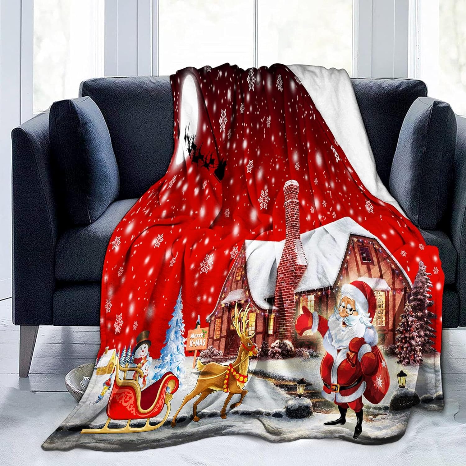 WONGS BEDDING Kuscheldecke 150x200 Weihnachts Weihnachten Sherpa Fleece Decke zweiseitige Weihnachtsmann Wohndecke Weiche Dicke Decke als Sofadecke Couchdecke Überwürfe Küche, Haushalt & Wohnen