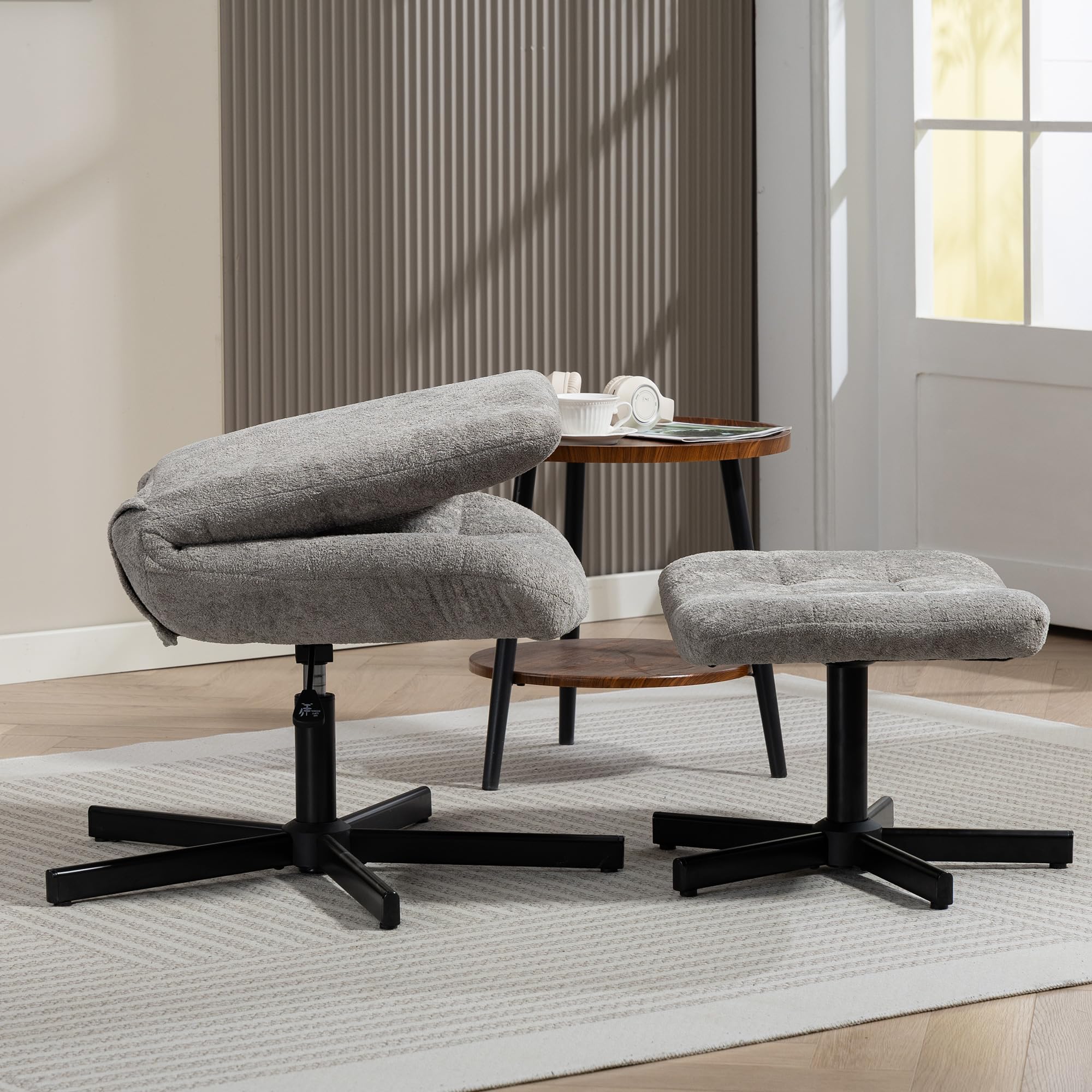 HOMCOM Poltrona Reclinabile su 4 Livelli Girevole 66x80x93-104 cm Grigio | Poggiapiedi Indipendente, Poltrona d'Arredo, Tessuto Effetto Velluto, per Soggiorno Camera da Letto Salotto