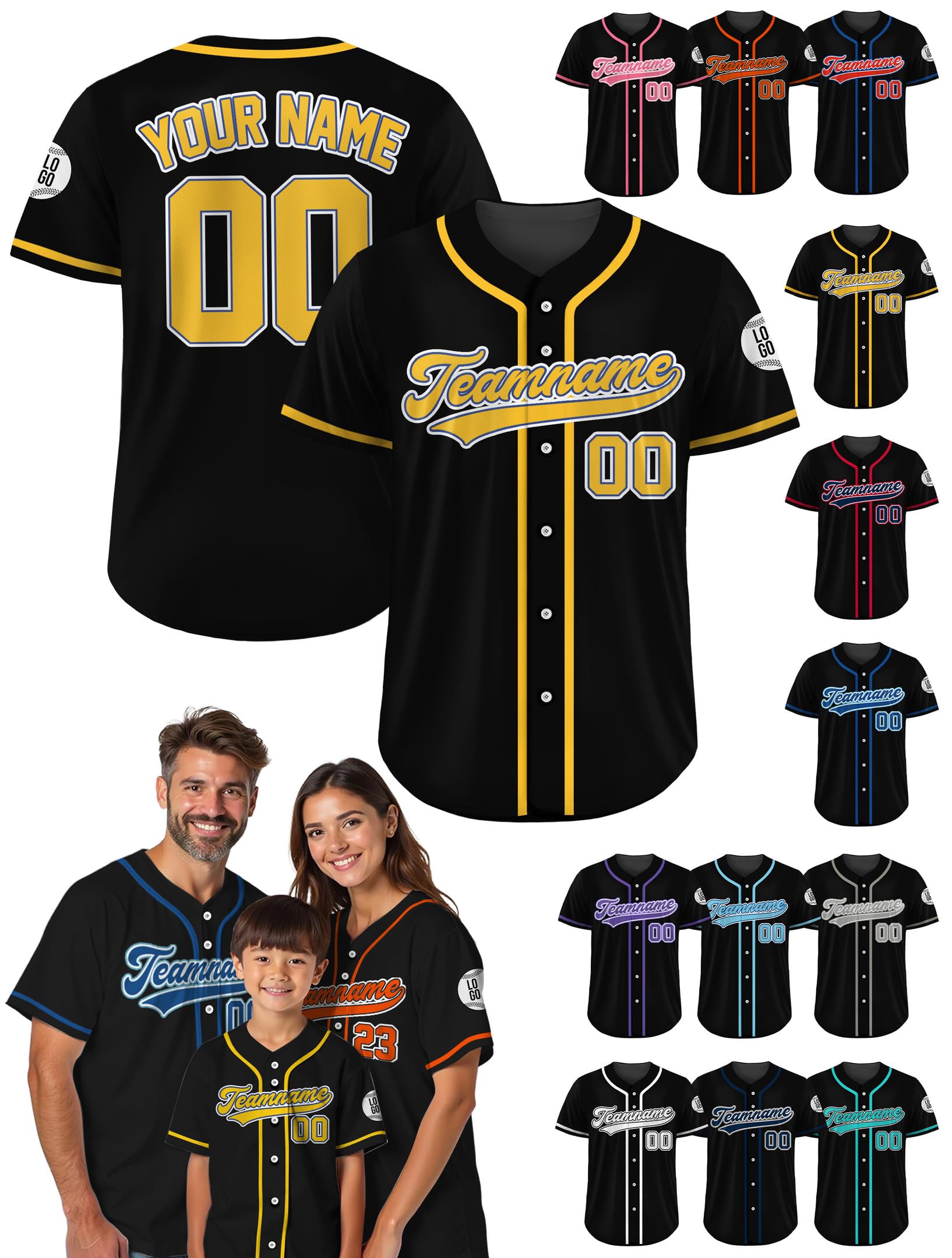 Custom Baseball Jersey – Personalized Name, Number & Logo, Sports Uniform Black Yellow Baseball Jersey for Men, Women, Youth, Toddlers