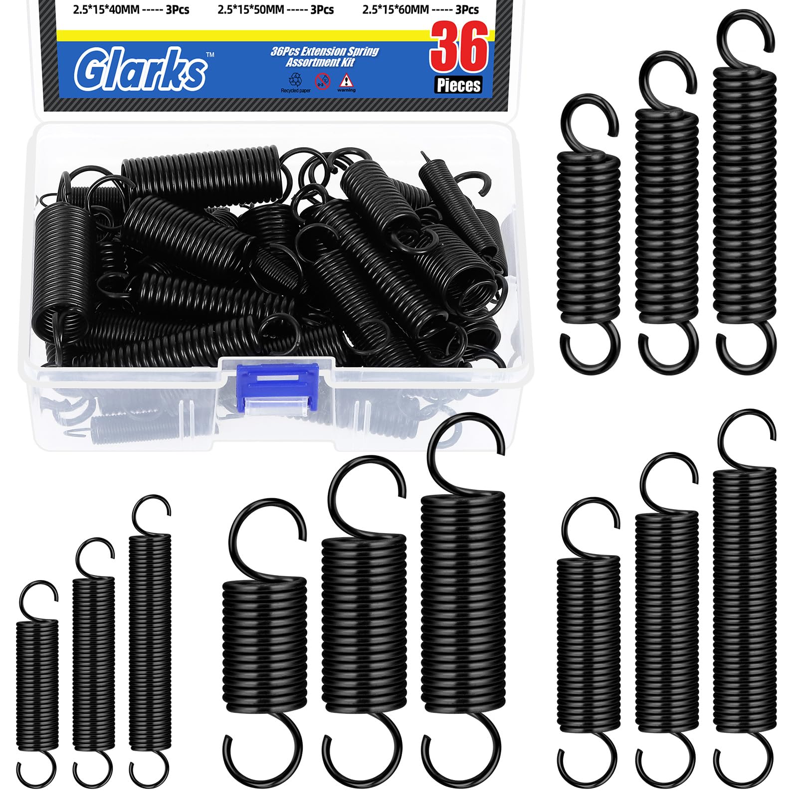 Glarks 36pcs Stainless Steel Extension Springs with Opening Hook Sets 12 Sizes Small Spring Tension Spring Wire Assortment for Machinery Construction Industrial — Amazon image 9