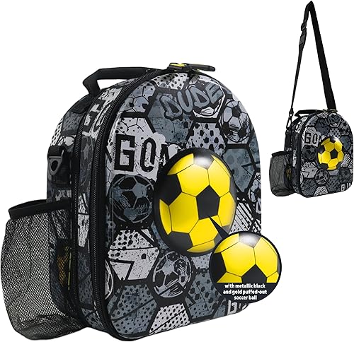 Decorably Lonchera de fútbol con tapa dura aislada para niños con diseño de pelota de fútbol metálica, bolsa de almuerzo deportiva fácil de limpiar