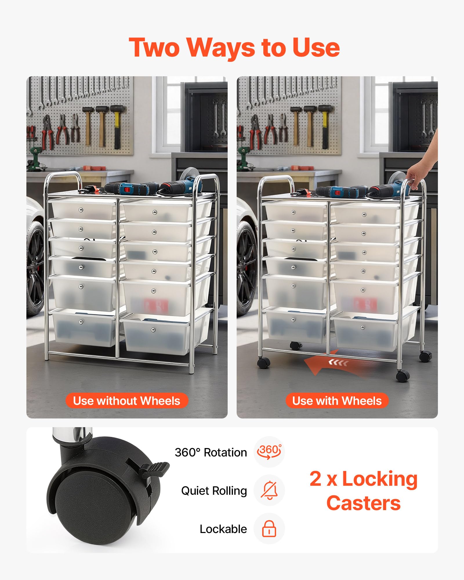 VEVOR Carrello con Cassetti Organizer a Doppia Fila con 12 Cassetti e Ruote, Carrello Portaoggetti, Telaio in Acciaio Cromato, Ruote Girevoli a 360° con 2 Freni, Ideale per Ufficio, Garage e Studio