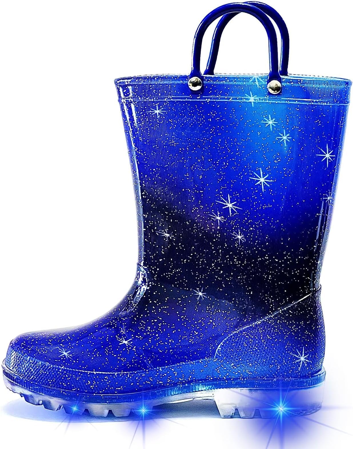 Toddler Rain Boots for Girls Boys, Light Up kids Glitter Rainboots Waterproof Shoes with Handles
