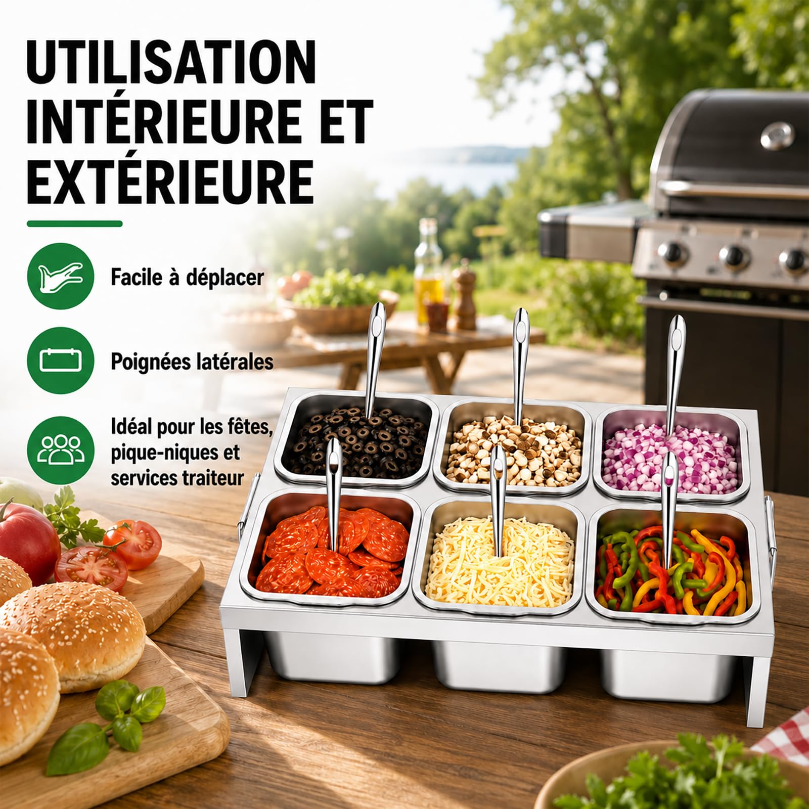 Bac Gastro Inox 6 x 2 L avec Couvercle et Cuillère – Boîte Inox Alimentaire pour Pizza, BBQ, Sauces & Légumes – Récipient Professionnel pour Cuisine, Restaurant & Traiteur