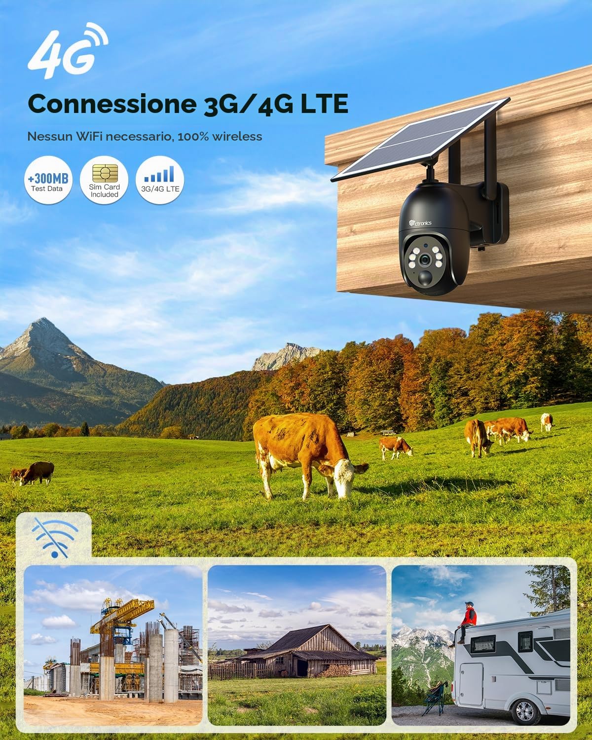 Ctronics 2K 4G LTE Telecamera da Esterno con SIM, PTZ IP Telecamere con | Pannello Solare Senza Fili, 10400mAh Batterie, PC/FTP/Cloud, Visione Notturna a Colori & Rilevamento del Movimento (Nero)