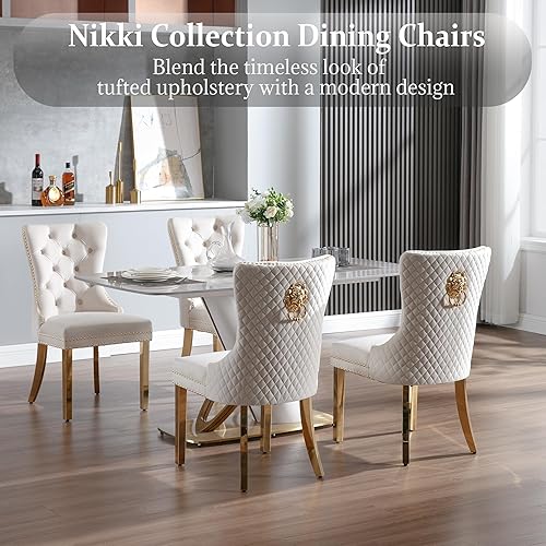 Miniatura 2 de civama Nikki Collection - Juego de 2 sillas de comedor elegantes de terciopelo de lujo, patas doradas y ribete de cabeza de clavo, anillo trasero de