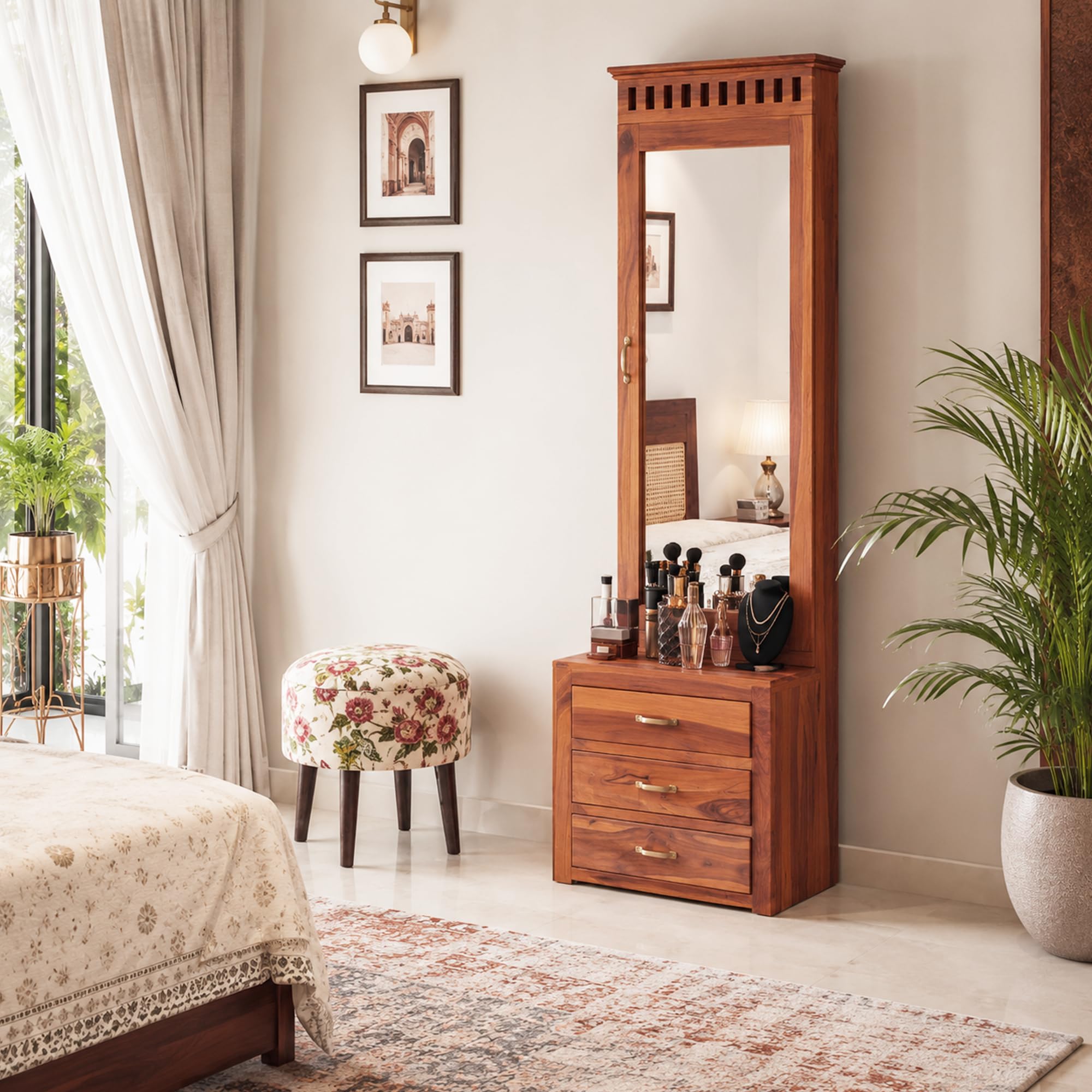 Solid Sheesham Wood Dressing Table with Mirror & 3 Drawers, & 1 Door Storage for Living Room Bedroom Wooden Vanities for Home (Natural Finish)-image-37