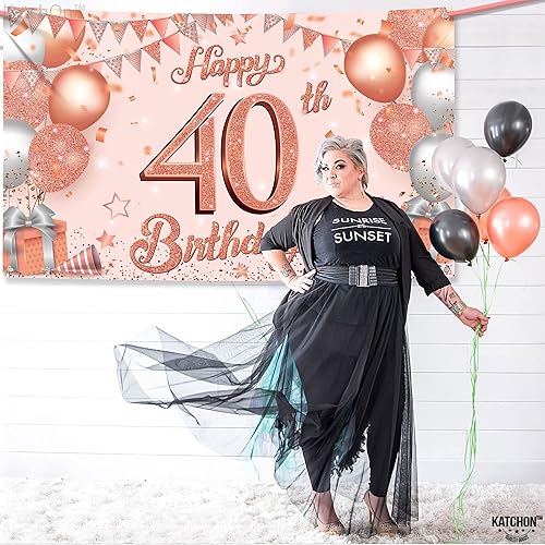 Miniatura 7 de KatchOn, Cartel de feliz cumpleaños 40 72 x 44 pulgadas Cartel de cumpleaños 40 de oro rosa Fondo de 40 cumpleaños para mujer Decoraciones de