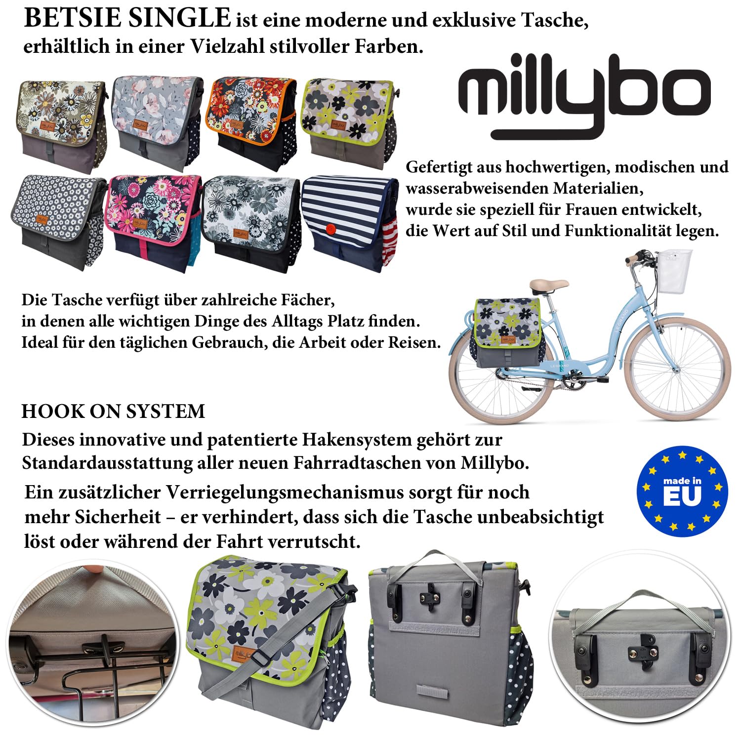 millybo BETSIE Single Gepäckträgertasche Fahrradtasche Gepäckträger Tasche Fahrrad Tasche viele Muster (110.001 Meadow&Dots Navy-Blue) Sport & Freizeit