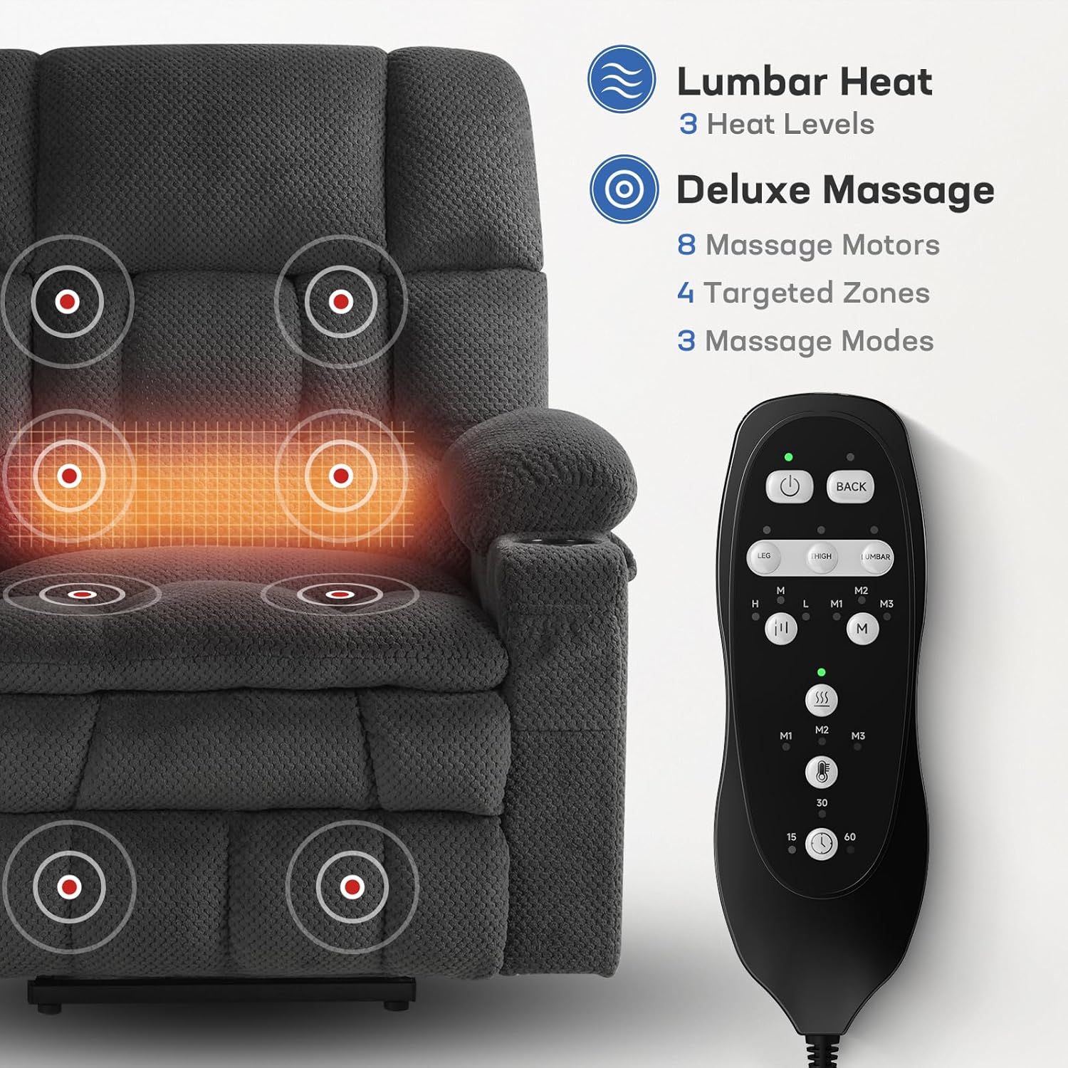 Tami Tami Dual Motor Power Lift Chair Recliner for Elderly with Massage and Heat, Infinite Position Electric Lift Recliner with Adjustable Headrest, USB (T6015 - Plush Fabric, Dark Gray, Medium)