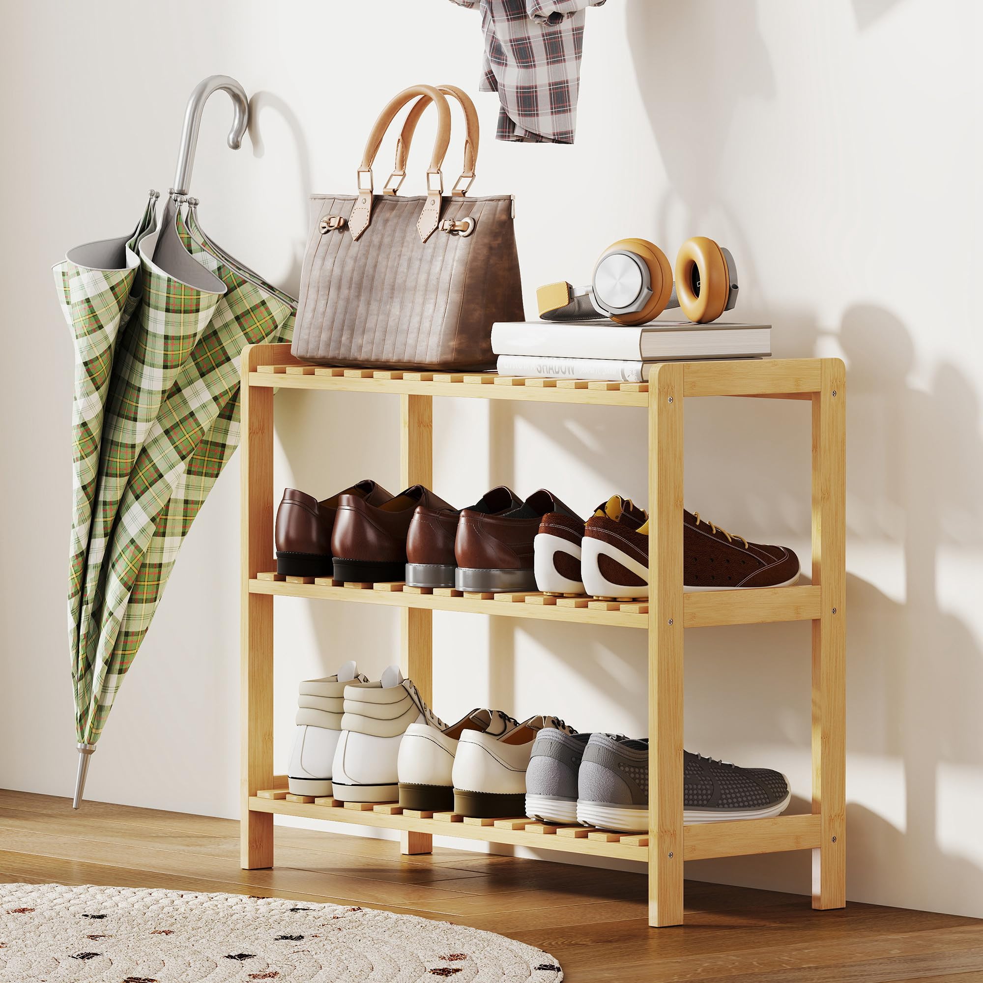 HOMCOM Zapatero de 3 Niveles de Bambú para 9 Pares 70x26x57,5 cm Natural | Estantería de Zapatos, para Entrada, Pasillo, Dormitorio