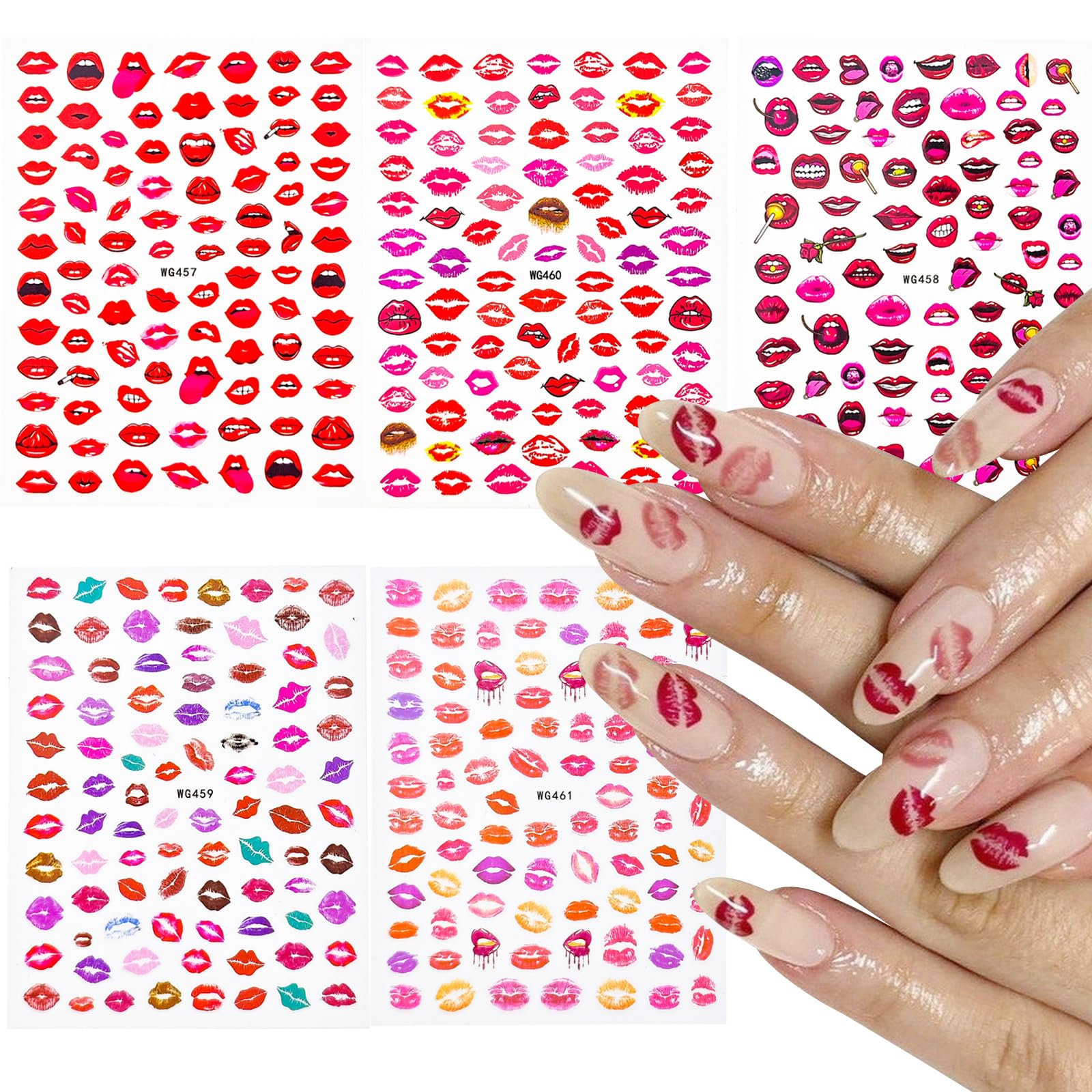 Arvintas 10 Sheets Valentine's Day Nail Stickers, 3D Self-Adhesive Heart Red Lip Nail Decals, Colorful Lips Nail Supplies, Nail Art for Women Girls