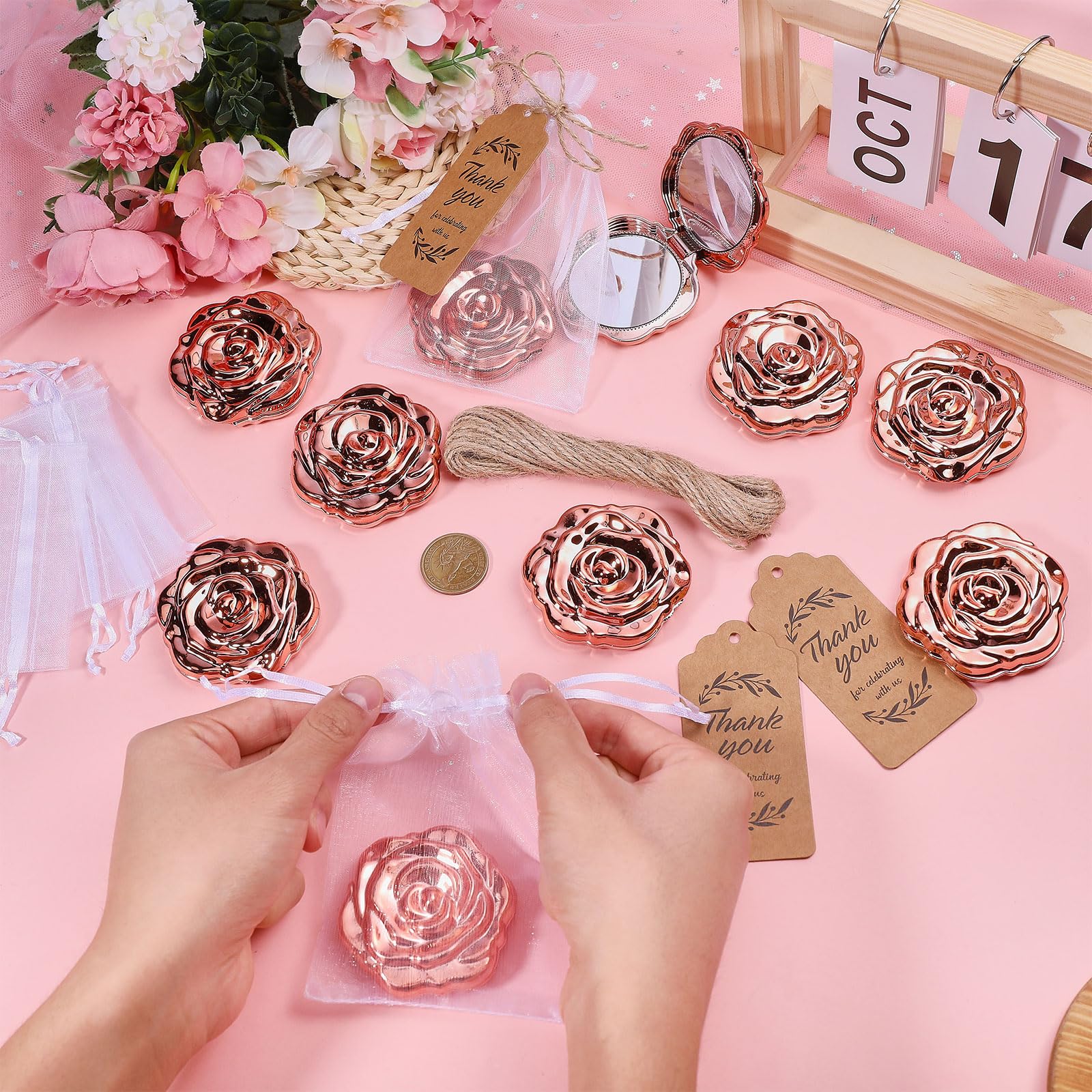 FREEBLOSS Lot de 50 Miroir de Poche Rose Compact 3D avec 50 Cartes et 50 Pochettes en Organza Idéal pour Un Mariage Un Anniversaire Une Fête Prénatale Ou Un Voyage 2.5" Tour