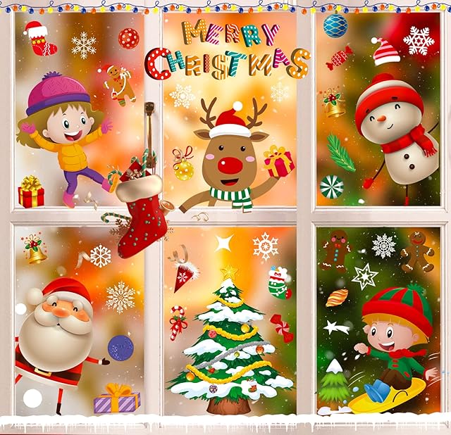 Christmas Window Stickers, Xmas Double Sided Window Clings Reusable, Large Snowflakes Christmas Scene Tree Reindeer Snowman Decorations for Home Shop Glass, Winter Party Decals, 9 Sheet