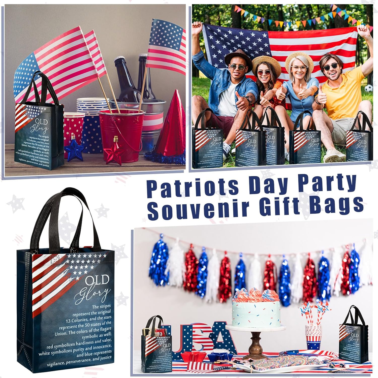 Sweetude 50 250 Anniversary Patriotic Gift Bags Bulk American Flag Theme Bags with Handle Medium Reusable USA Souvenirs Gifts for Church Remembrance Day Party Decorations Favors
