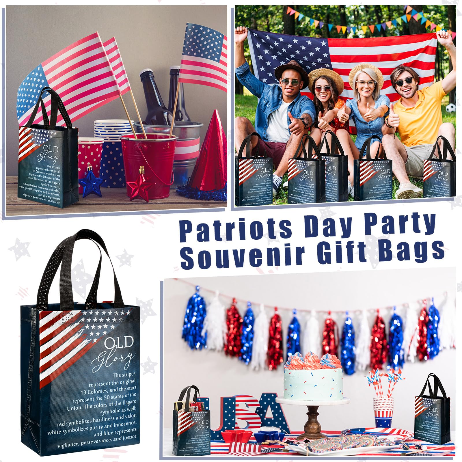 50 Pcs Patriotic Party Gift Bags - Red White Blue American Flag Treat Bags 8x10 Inch