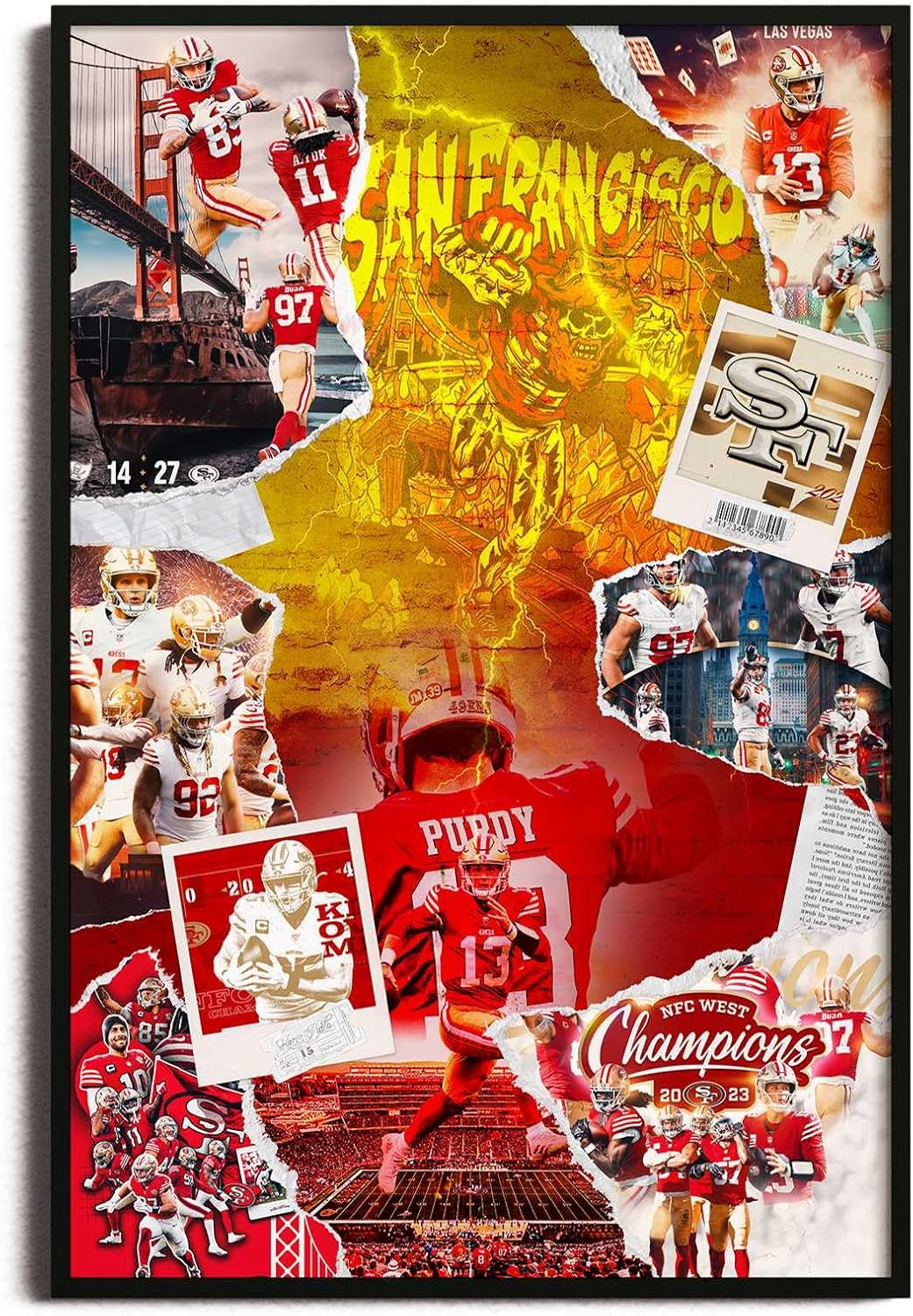 SPASAV 11"x17" Wrapped Canvas, 49ers Football Player Collage Poster, Canvas Print Wall Art, Man Cave Home Decor