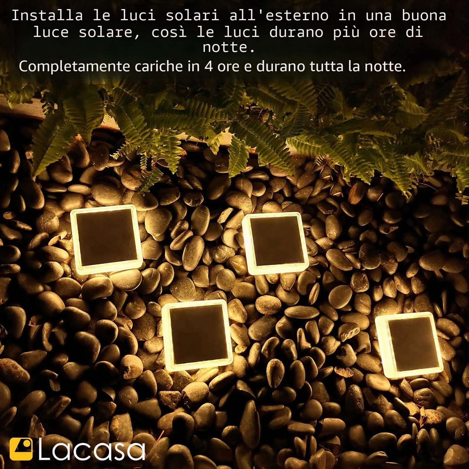 Lacasa Luci Solari Giardino, 4 Pezzi 30LM LED Lampada Solare da Esterno IP68 Impermeabile Luci per Sentieri Auto On/Off Luce Solare per Ponte Passo Vialetto Scale, Bianco Caldo 2700K Quadrato