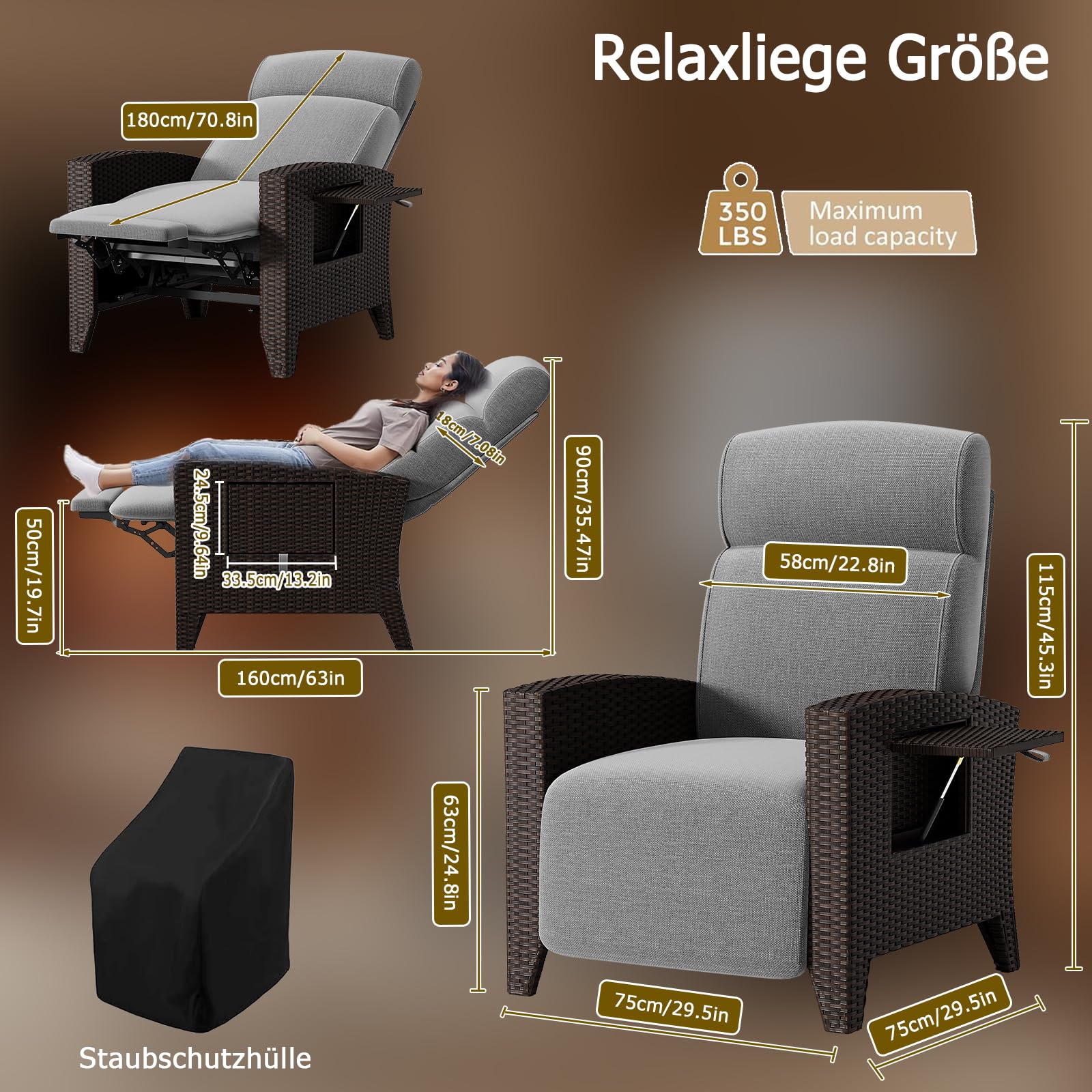 Poltrona relax in polyrattan regolabile con funzione sdraiata e cappa per la polvere, comoda poltrona lounge da esterno per giardino, balcone, terrazza, piscina, interni ed esterni