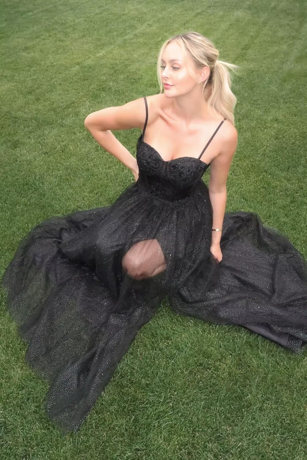 Women's Glitter Tulle Prom Dresses Long 2025 Spaghetti Straps Sweetheart Formal Evening Party Gowns with Slit