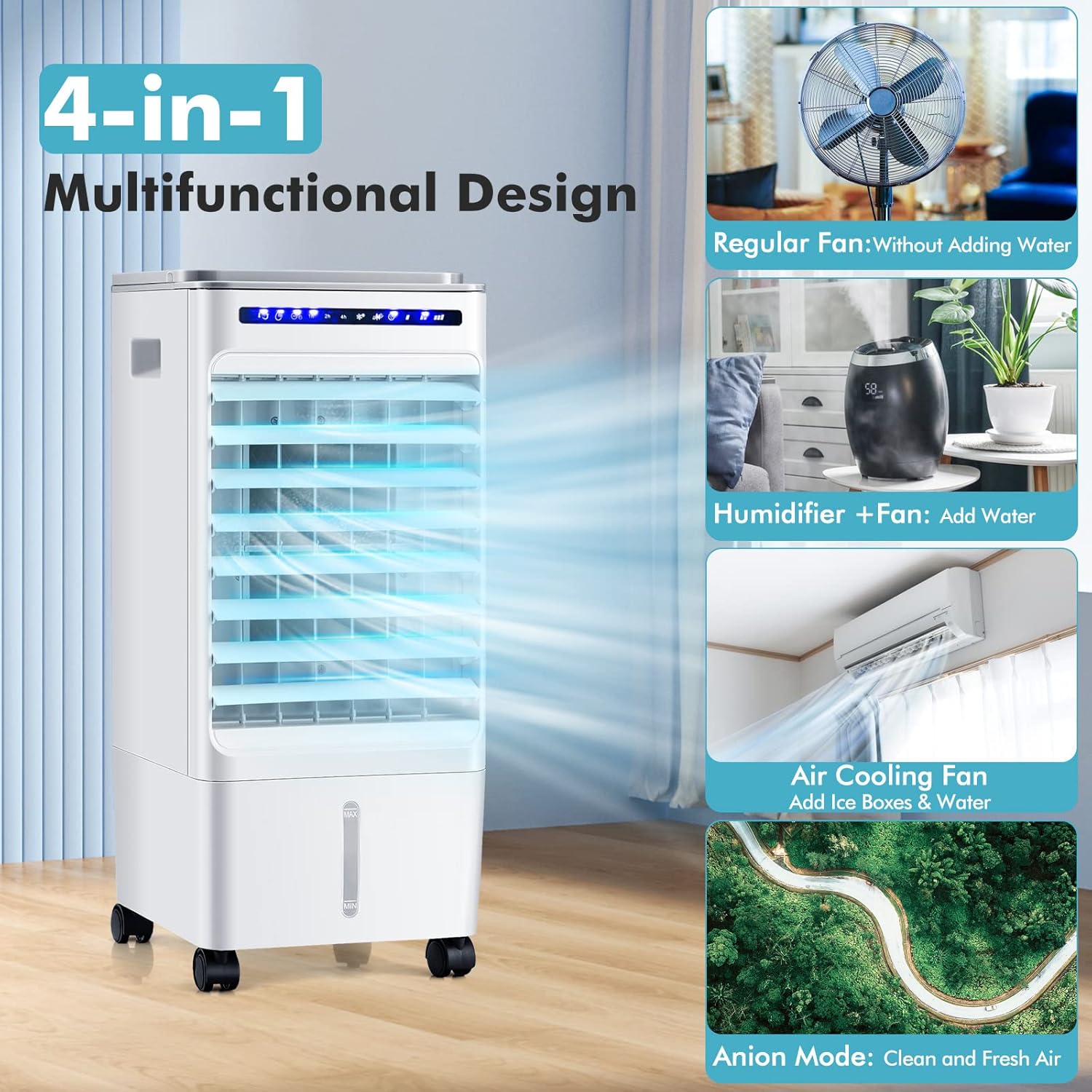 STAKOL Evaporative Air Cooler showing 4-in-1 functions: regular fan, humidifier+fan, air cooling fan, and anion mode.