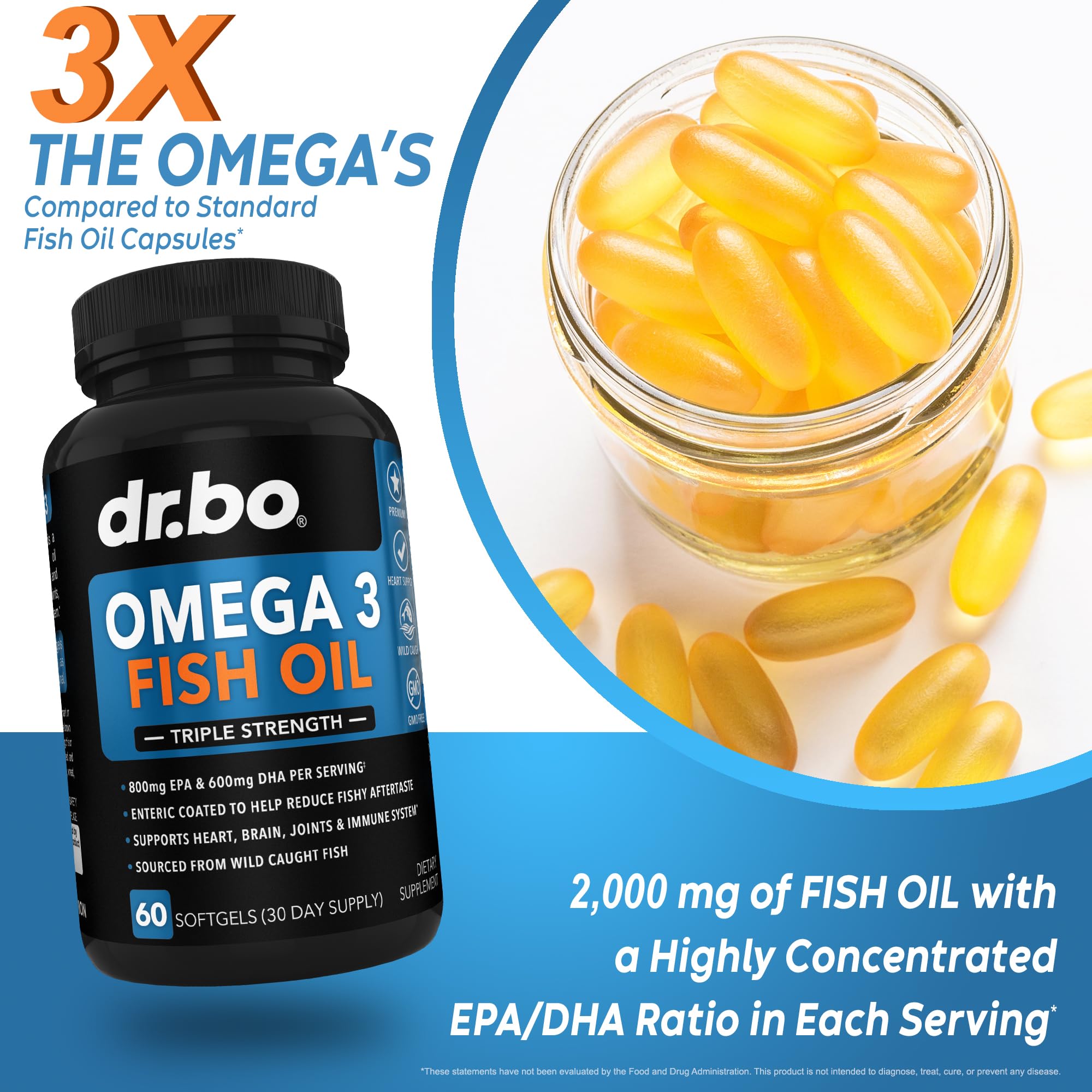 Omega 3 Fish Oil Supplements - Triple Strength Fish Oil Omega 3 Supplements 2000mg EPA DHA Women Men - Triple Strength Natural Omega3 Supplement 2000mg EPA DHA Fatty Acids 1000mg Burpless 60 Softgels — Amazon image 3