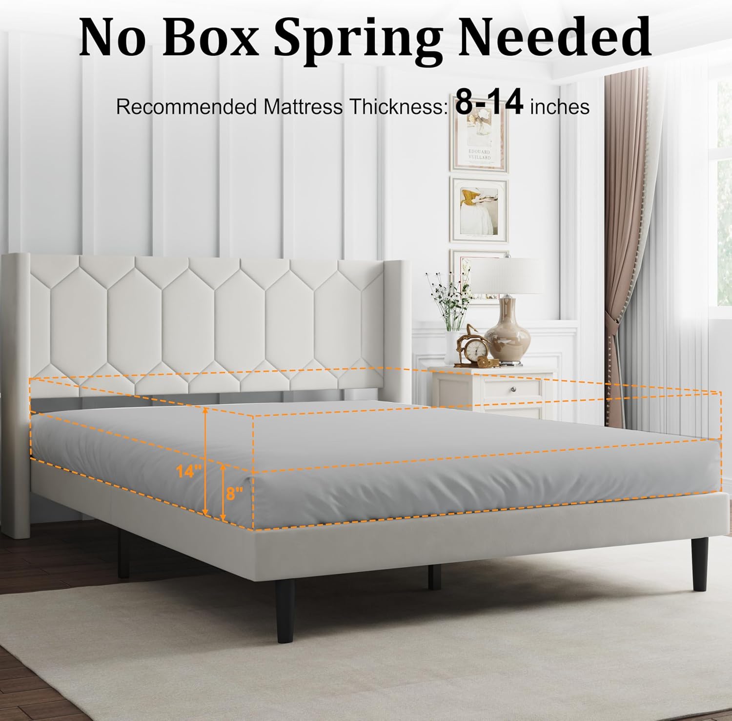 Queen Size Bed Frame with Headboard, Velvet Upholstered Platform Bed Frame No Box Spring Needed, Queen Sized Modern Bedframe with Strong Wooden Slats, Beige - Image 6