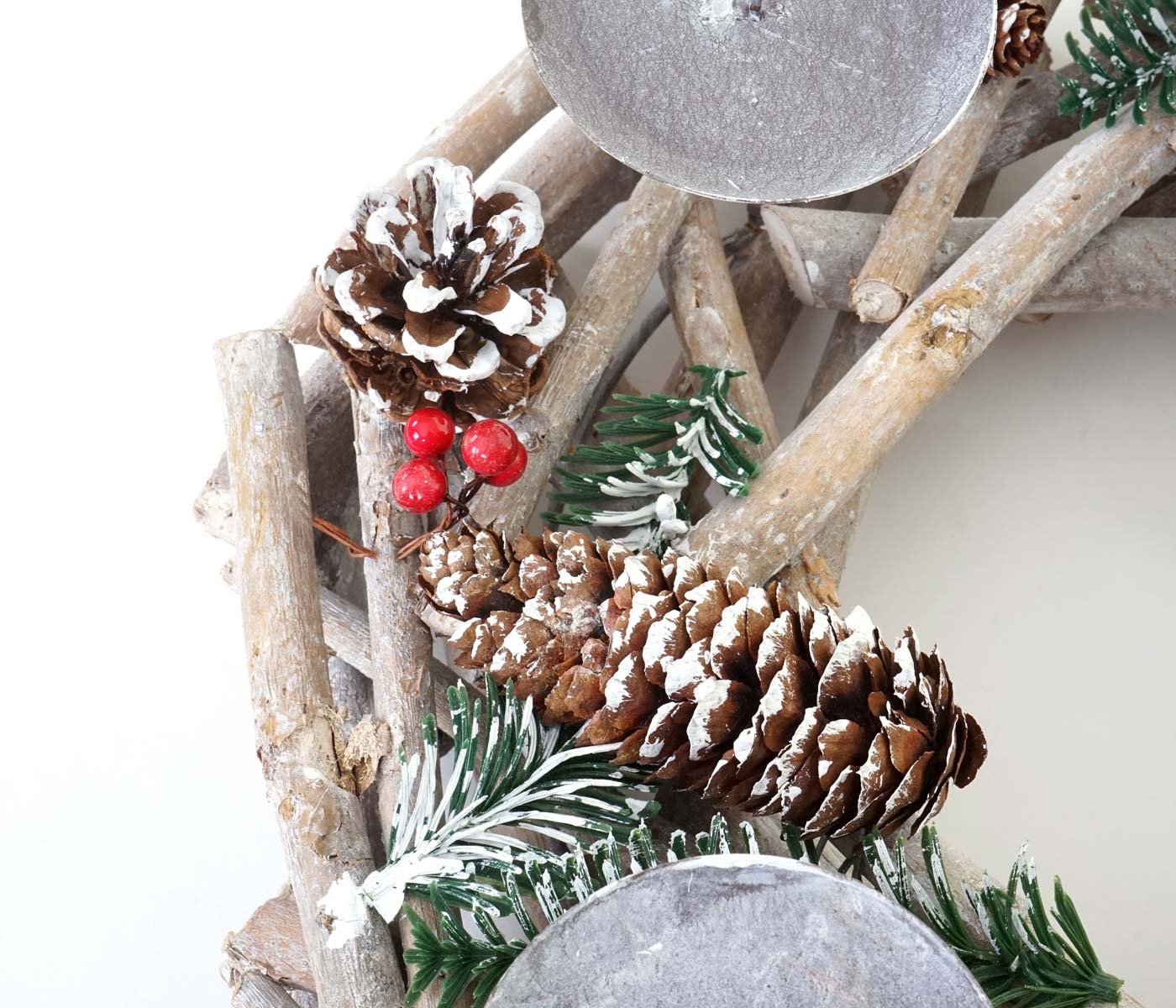 Couronne de l'avent, Bois, Rond Ø 35cm, Blanc-Gris - Bougies Blanches