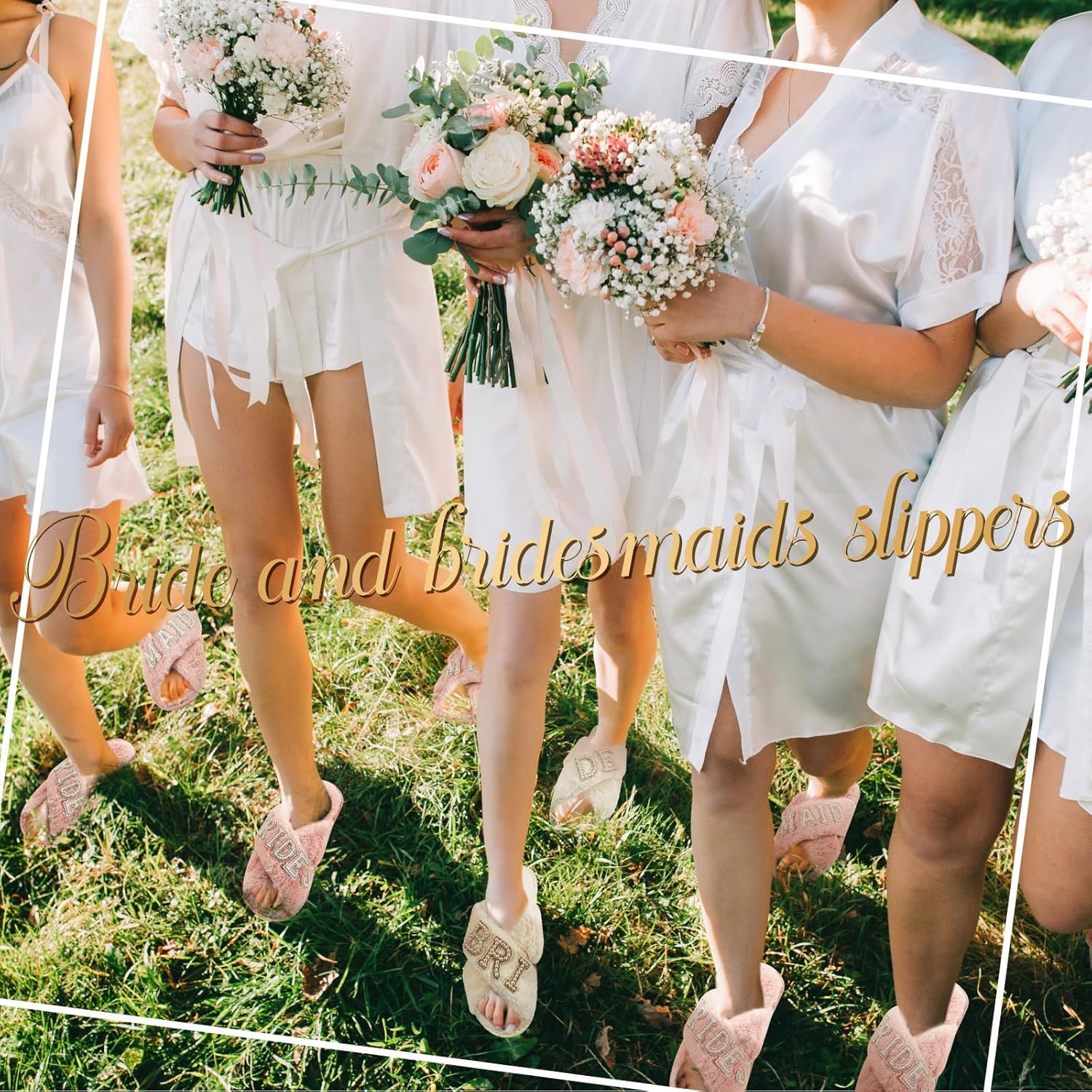 Shihanee 7 Pairs Bride and Bridesmaid Slippers Set Fuzzy White Pink Bridal Slippers Pearl Letter Open Toe for Bridal and Bachelorette Party Gifts - Image 6