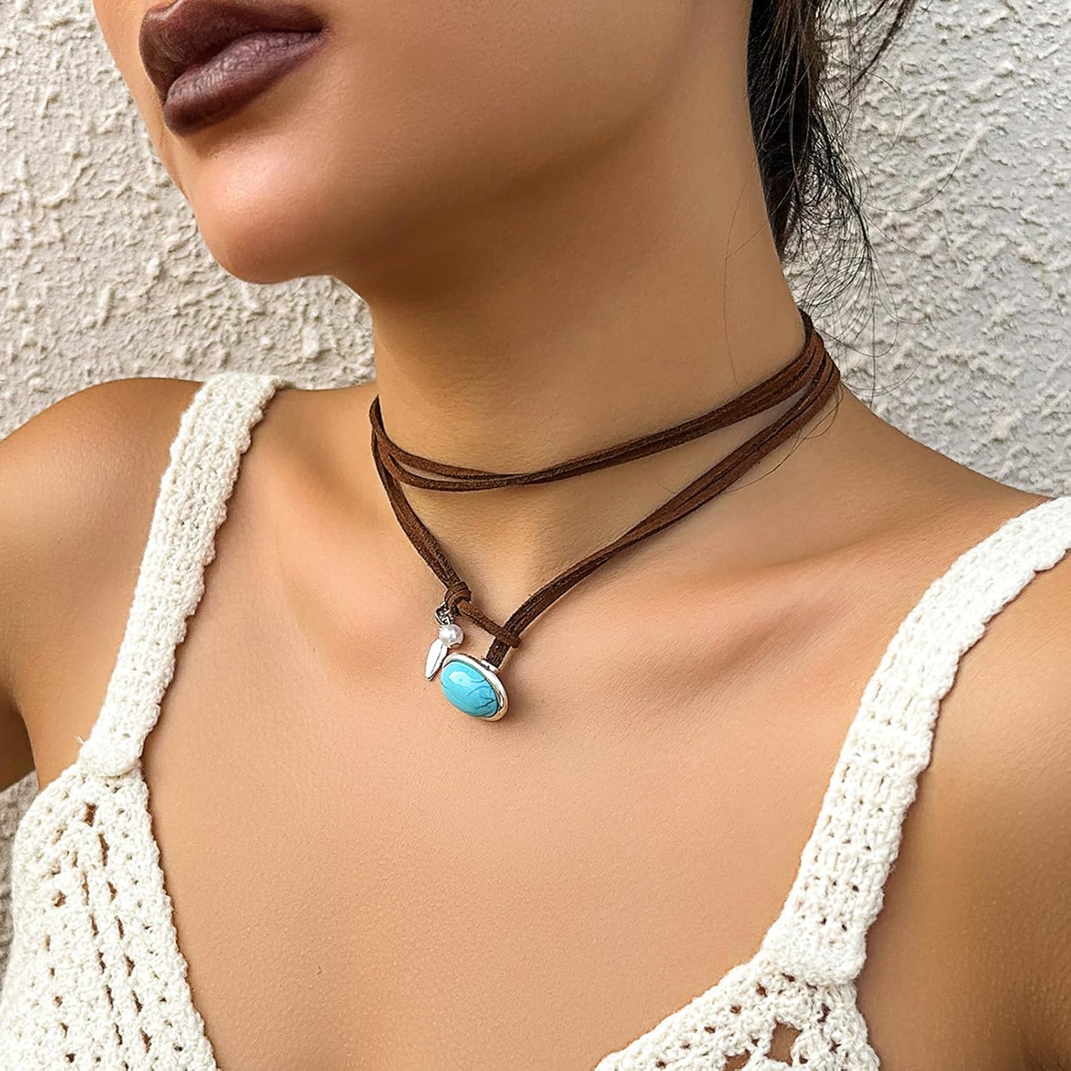 Boho Choker Necklace for Women Brown Suede Choker Necklace Western Cowgirl Choker Necklace Turquoise Coin Leather Choker Western Boho Necklaces - Image 2