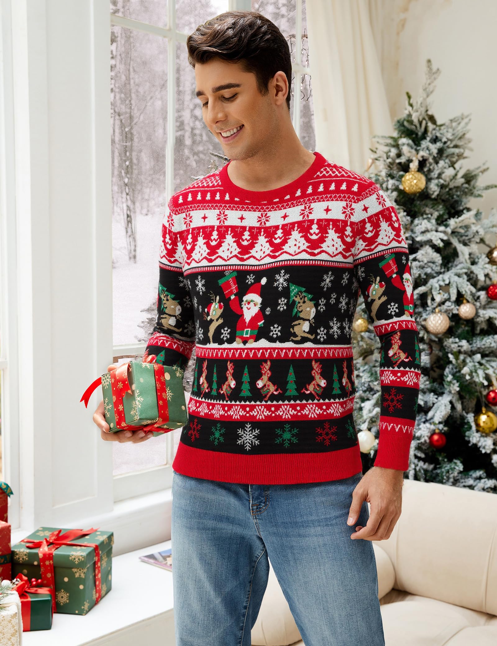 Pull de Noël pour homme - Pull de Noël amusant - Col rond - Pull en tricot avec flocon de neige - Pour fête de Noël