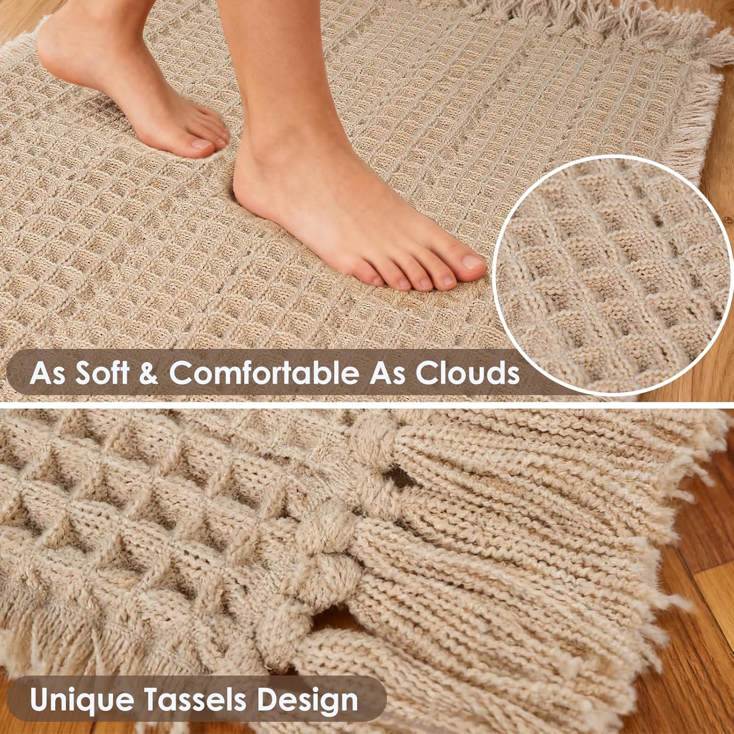 Waffle Bath Mat Set of 2, Absorbent Waffle Bathroom Rug with Tassels, Non Slip Bath Mats for Bathroom Floor, Ultra Soft Boho Bath Mat, Quick Dry Shower Mat, Machine Washable, 17"×24" & 20"×47", Khaki