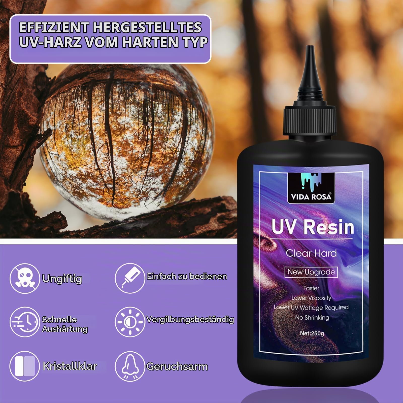 VIDA ROSA UV-Harz 1kg, schnellste Aushärtung, keine Gelbfärbung, hervorragende Transparenz, Ultraviolett-Solar-Aushärteharzkleber für Formen, Schmuckherstellung, Anhänger, Ohrringe, Basteln, DIY