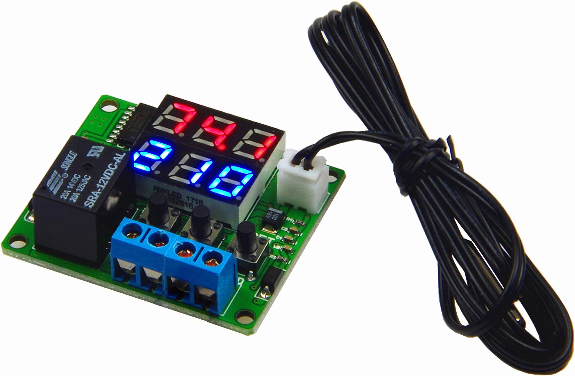 DC 12V Digital Thermostat Module -58℉ to 257℉ Fahrenheit Temp Display Temperature Controller Board with 20A Relay Waterproof Sensor Probe Dual LED Display Red Blue