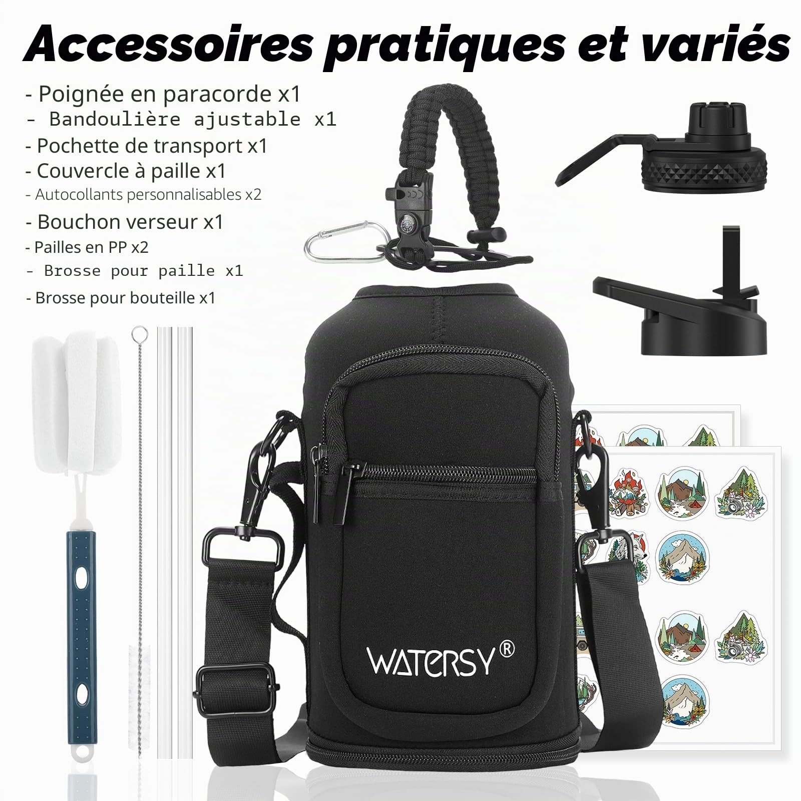 WATERSY 64oz Gourde d'eau isotherme en acier inoxydable avec 2 couvercles, étanche (couvercle à paille et couvercle à bec verseur), garde les boissons froides pendant 24 heures - Pour le sport 1890ML