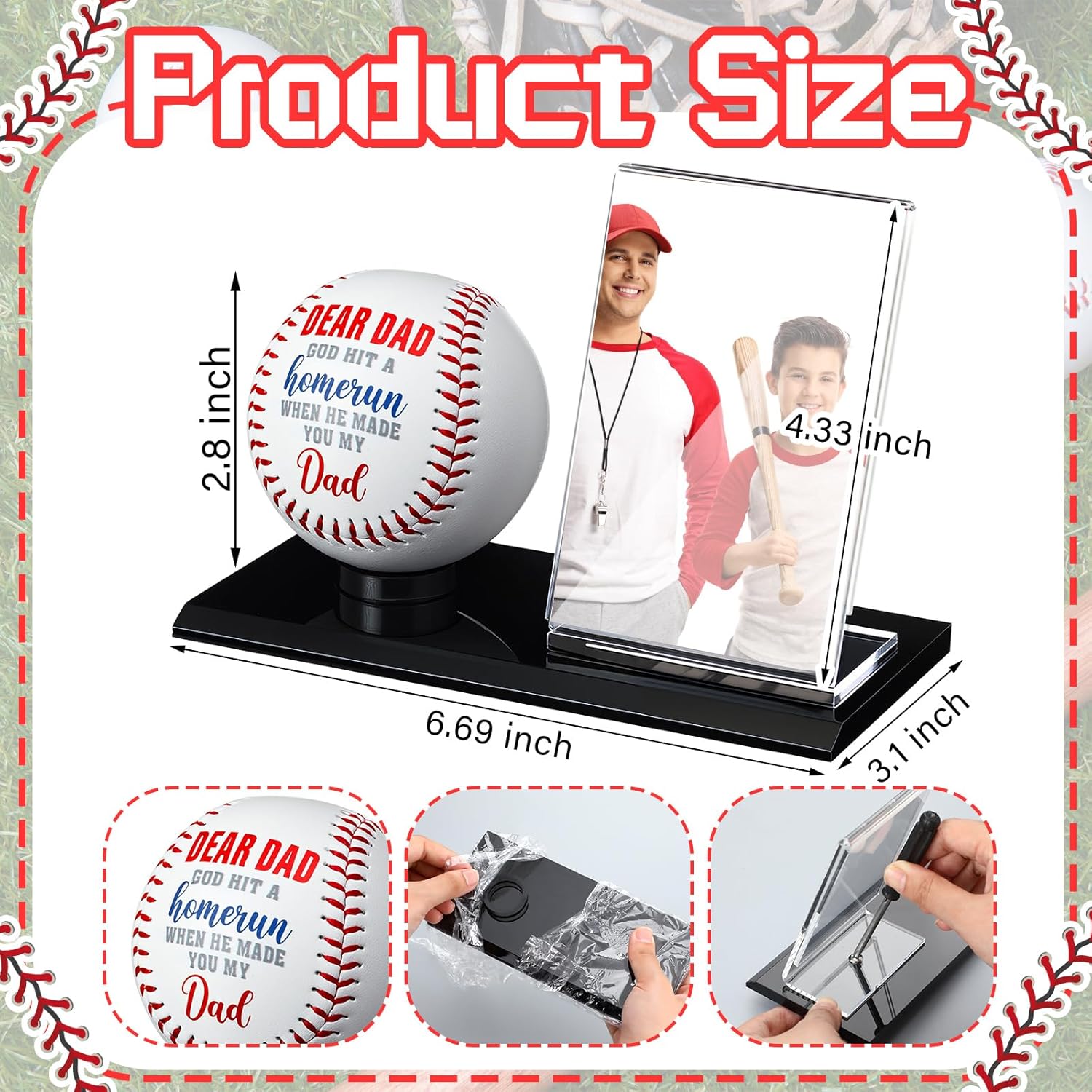 Colingmill Christmas Baseball Gifts for Dad Picture Frame and Baseball Display Case Set Ball and Card Holder for Parents Dear Dad Father's Gifts