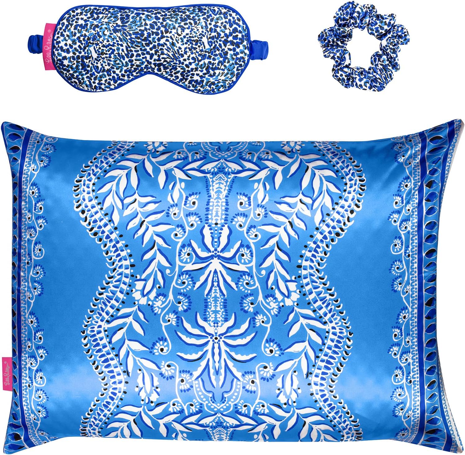 Lilly Pulitzer Silk Pillowcase and Eye Mask Set, Standard Pillow Sleep Set with Blue Satin Pillowcase, Padded Eye Mask, and Hair Scrunchie (Have it Both Rays)