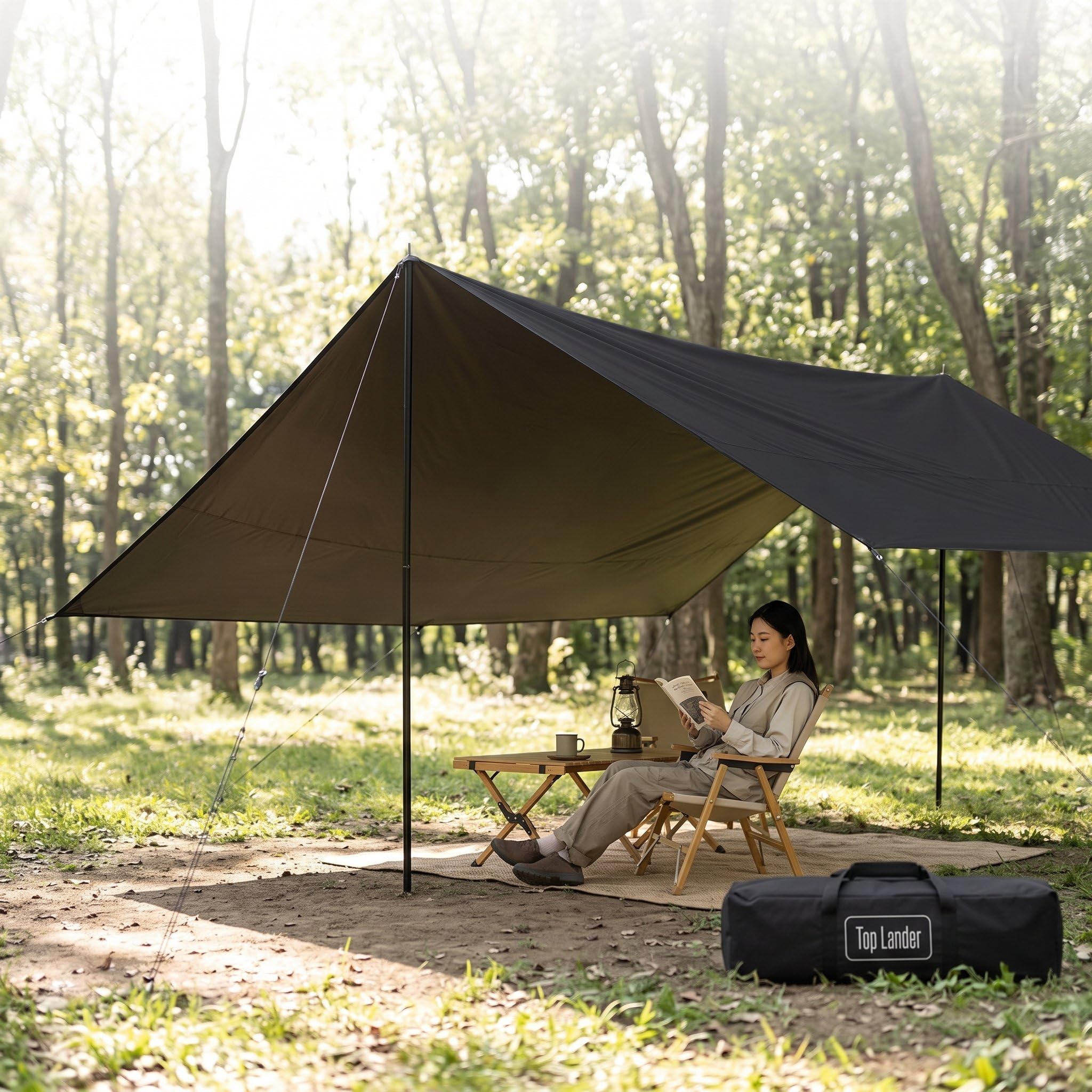 Parasole Esterno Tenda Copertura Riparo Tarp con Tessuto Oxford Impermeabile di Sostegno Tiranti E Picchetti Montaggio Versatile Adatto a Campeggio Pesca Giardino Attività Outdoor