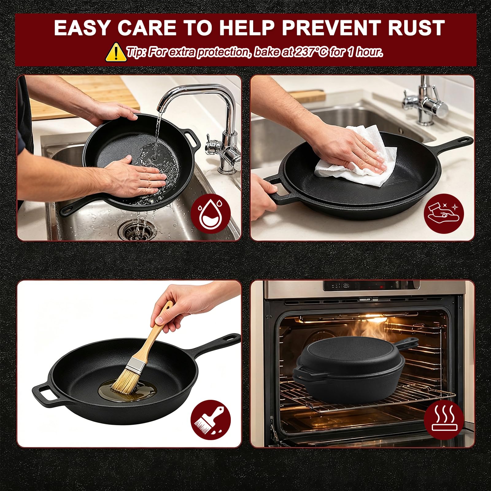 Set di pentole e padelle in ghisa 2 in 1, pentola da 4,5 l, padella da 1,5 l, coperchio per forno, fornelli a gas, elettrici e a induzione, adatto per arrostire, stufare e cuocere, nero