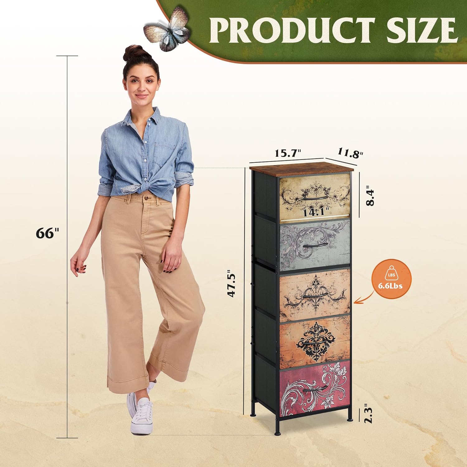 WLIVE Fabric Dresser, 5-Drawer Tall Dressers for Bedroom, Storage Dresser Organizer with Fabric Bins, Wood Top, Sturdy Steel Frame, Chest of Drawers for Closet, Hallway, Pattern