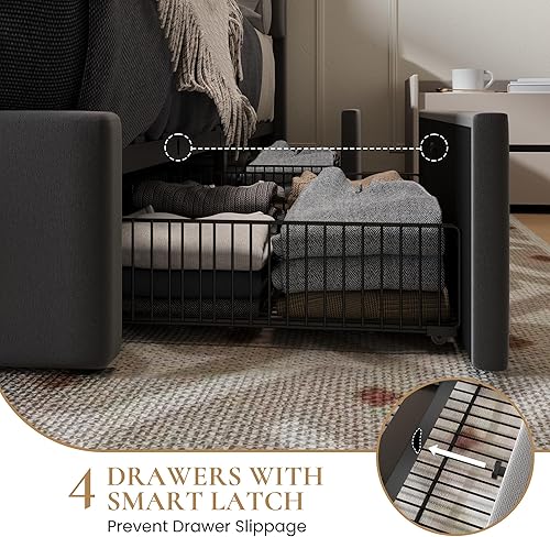 Miniatura 5 de SHA CERLIN Base de cama de plataforma de tamaño matrimonial con 4 cajones de almacenamiento, cabecera tapizada de terciopelo, base de colchón con