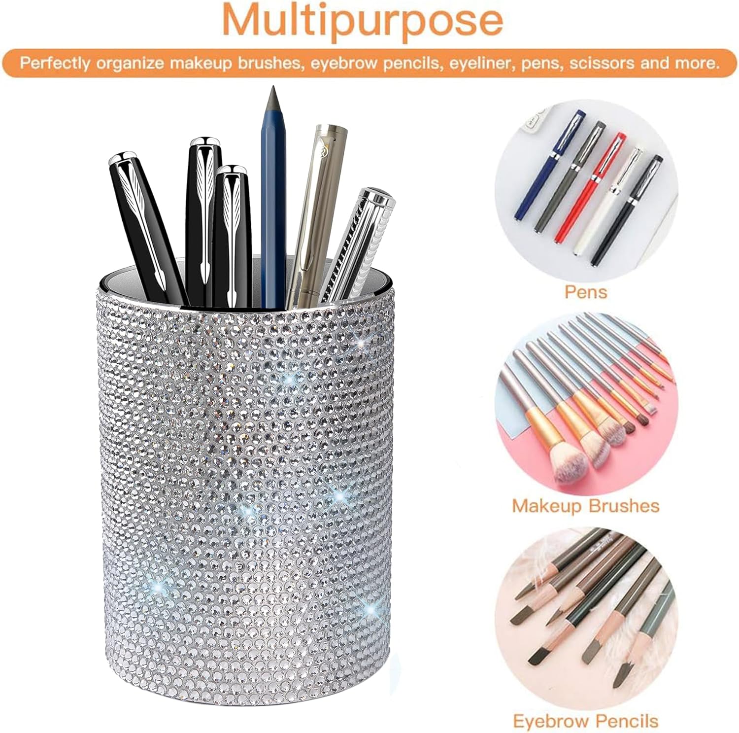 WONGS Bling Metal Pen Holder, Round Aluminum Desktop Organizer and Makeup Brush Storage Box for Office, School, Home, and Kids, Non-slip silicone bottom 3.9×3.14inch - Silver White