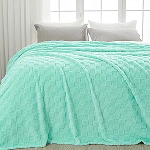 NEWCOSPLAY Super Soft Queen Blanket Aqua Premium Silky Flannel Fleece 3D Checkered Lightweight Bed Blanket All Season Use (Aqua Checkered, Queen(90"x90"))