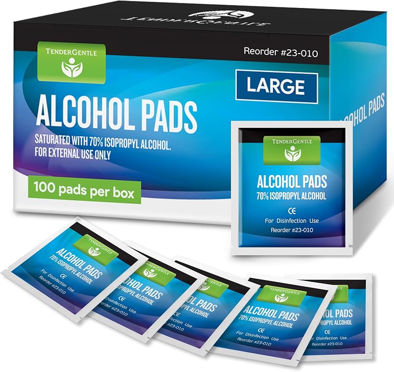 Alcohol Wipes for Injections - 100 Sterile Alcohol Prep Pads, Large Swabs | 70% Isopropyl, Individually Wrapped, Rubbing Alcohol Pads for First Aid, Nails, Medical Use, Antiseptic Skin Cleaning