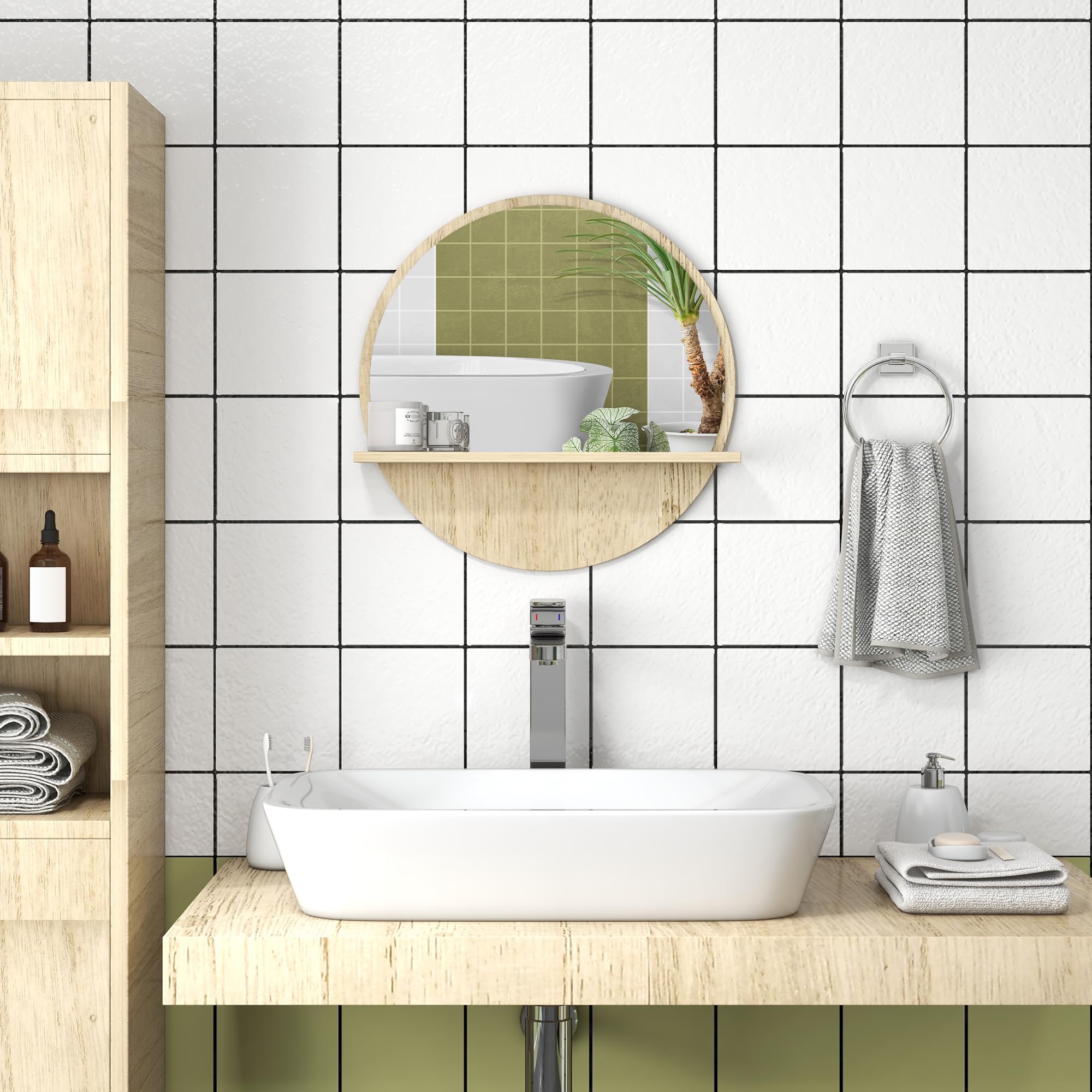 Kleankin Miroir Rond Mural de Salle de Bain + Étagère - Ø45 x 10H cm - Effet Bois Naturel