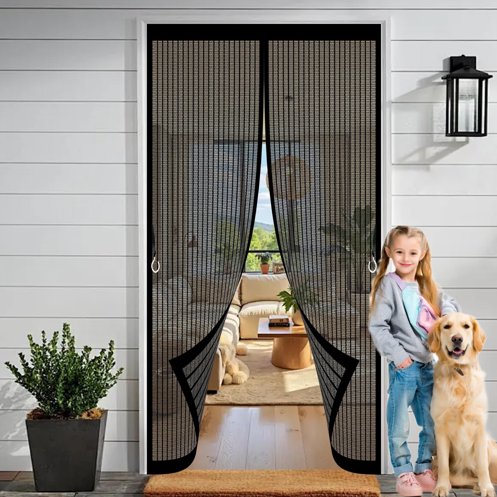 Fly Screens for Doors 155 x 180 cm with Powerful Magnets & Full Frame Magic Tape No Gap, Lets Fresh Air in, Keep Bugs Out Thermal Door Curtain Magnetic for Patio Doors Bedroom, Black