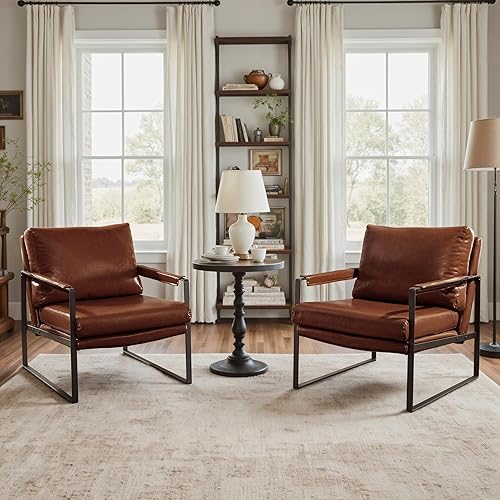 Miniatura 102 de Art Leon Juego de 2 sillas de acento de piel sintética moderna de mediados de siglo, silla de salón con patas de metal negro, color negro