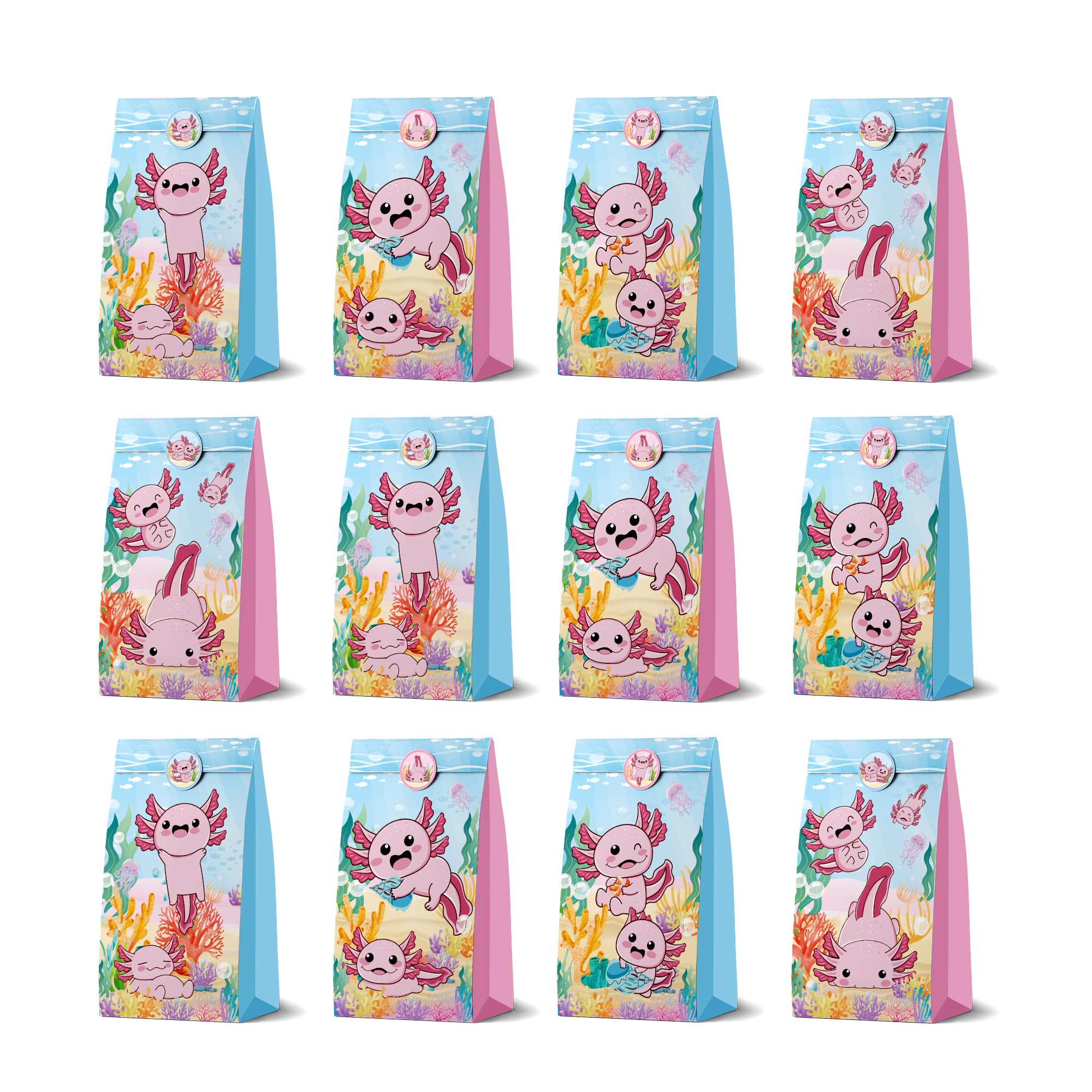 WADACIPPSELLER Axolotl Birthday Party Decorations - 12Pcs Favor Bags with Stickers, Goodie Treat Candy Bags for Party Supplies